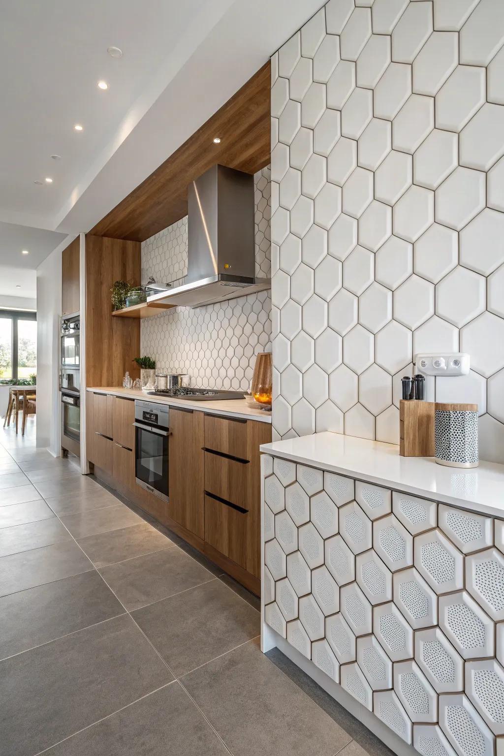 Three-dimensional hexagon tessellations lead to an animated and visually compelling outcome.