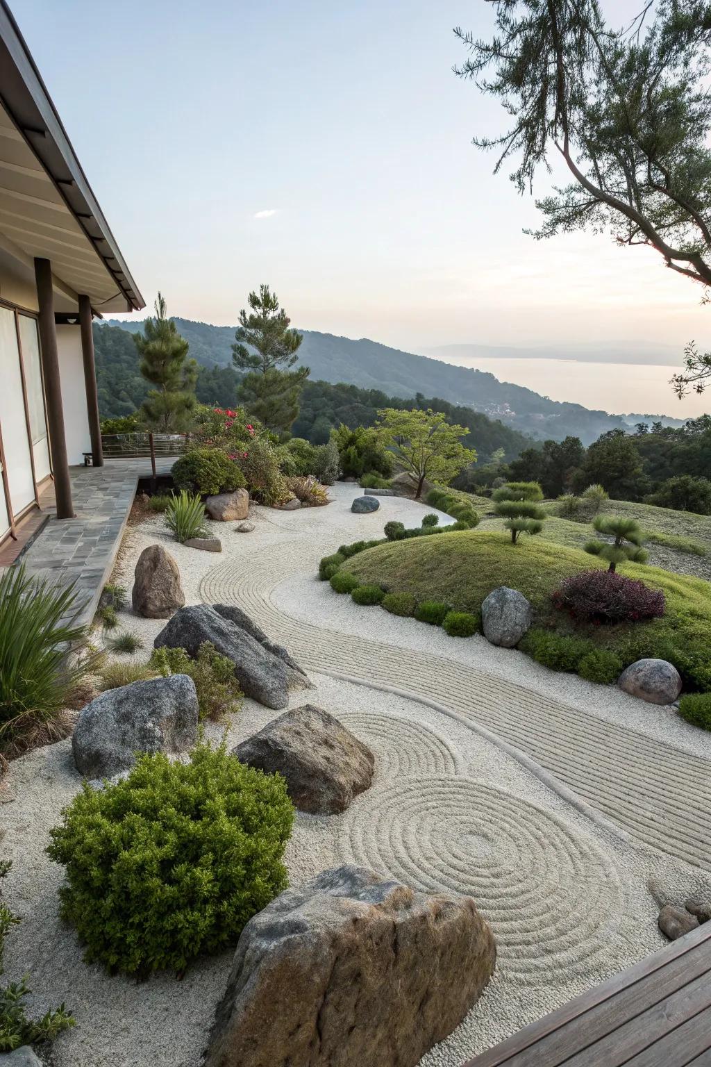 Hillside landscapes benefit from the tranquility and simplicity of Zen gardens.