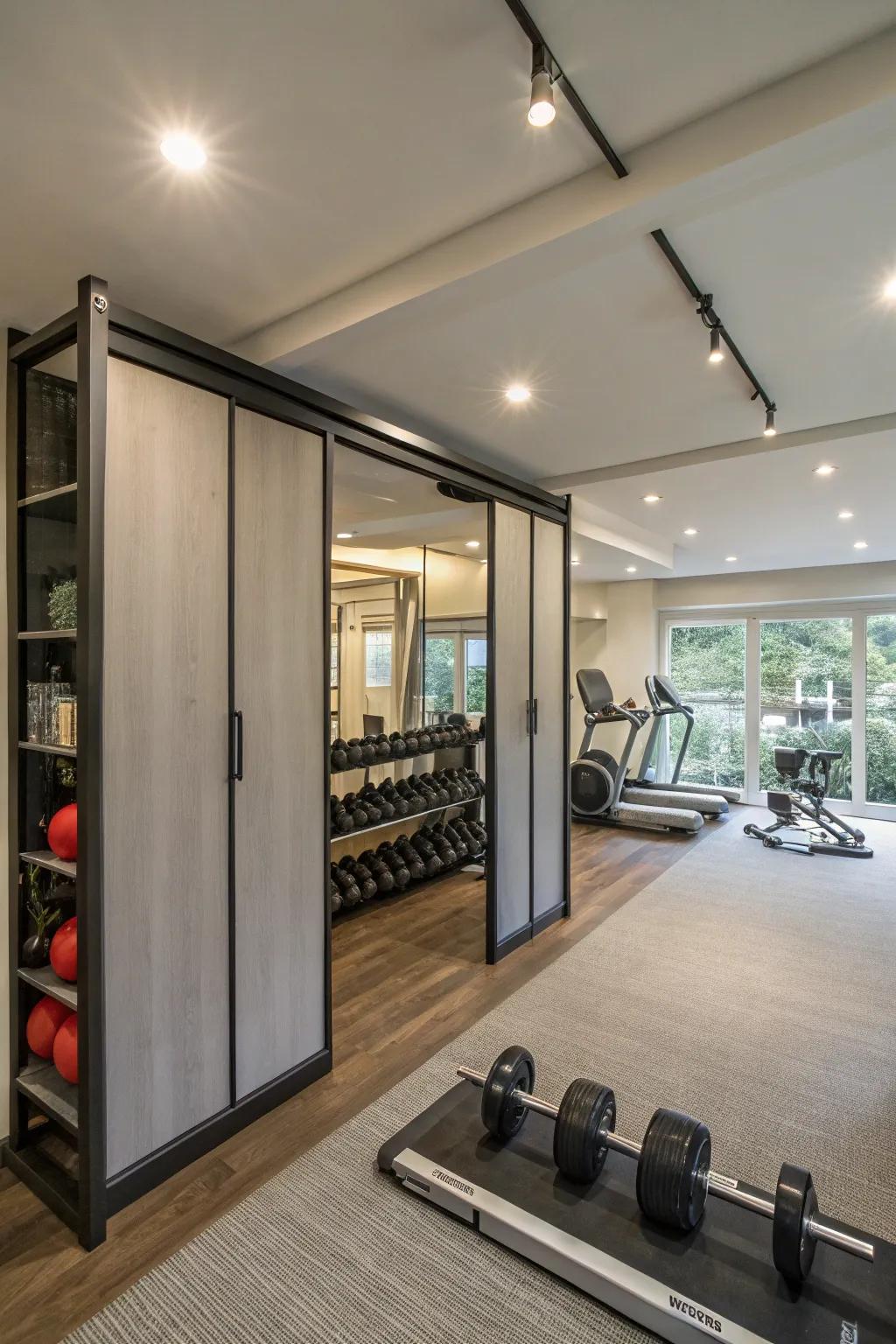 Sliding panels furnish a sleek and modern means of concealing gym equipment.