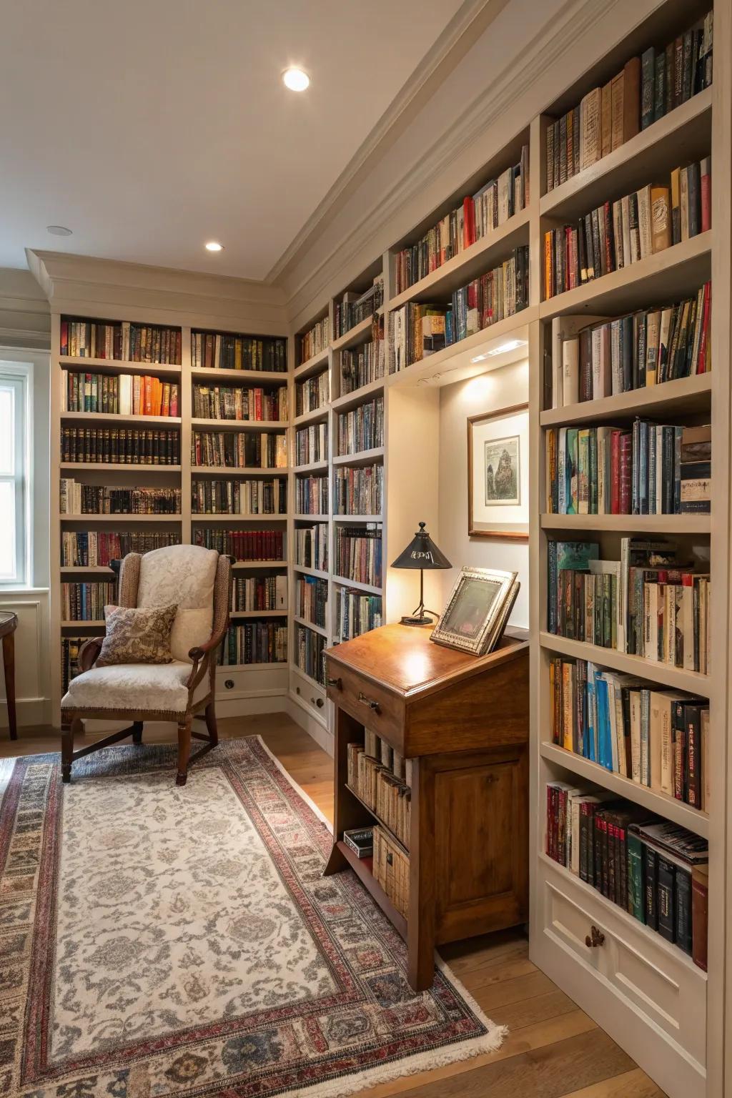 Floor-to-ceiling shelves impart drama and maximize area.