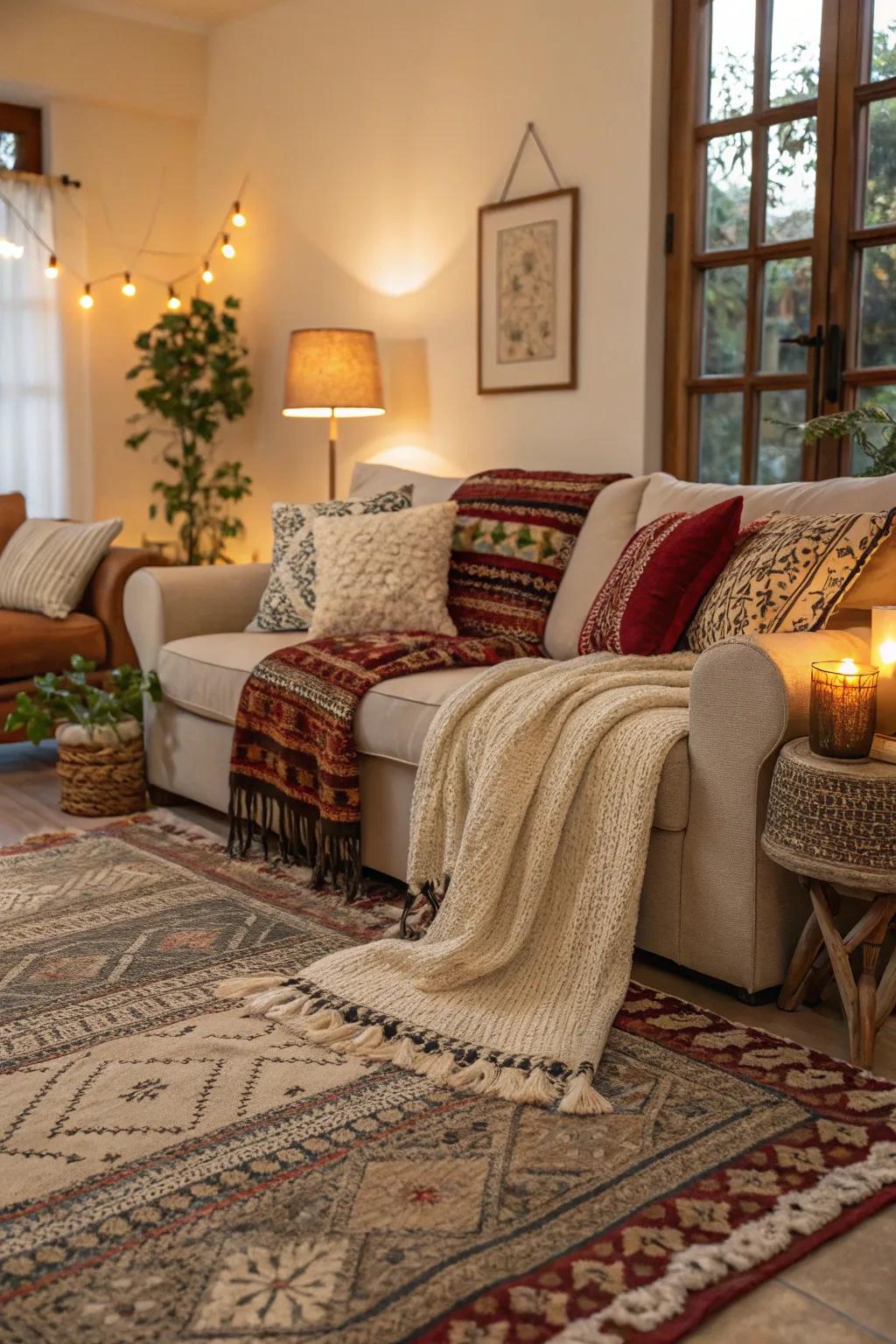 A room transformed with the addition of textured textiles and coverings.