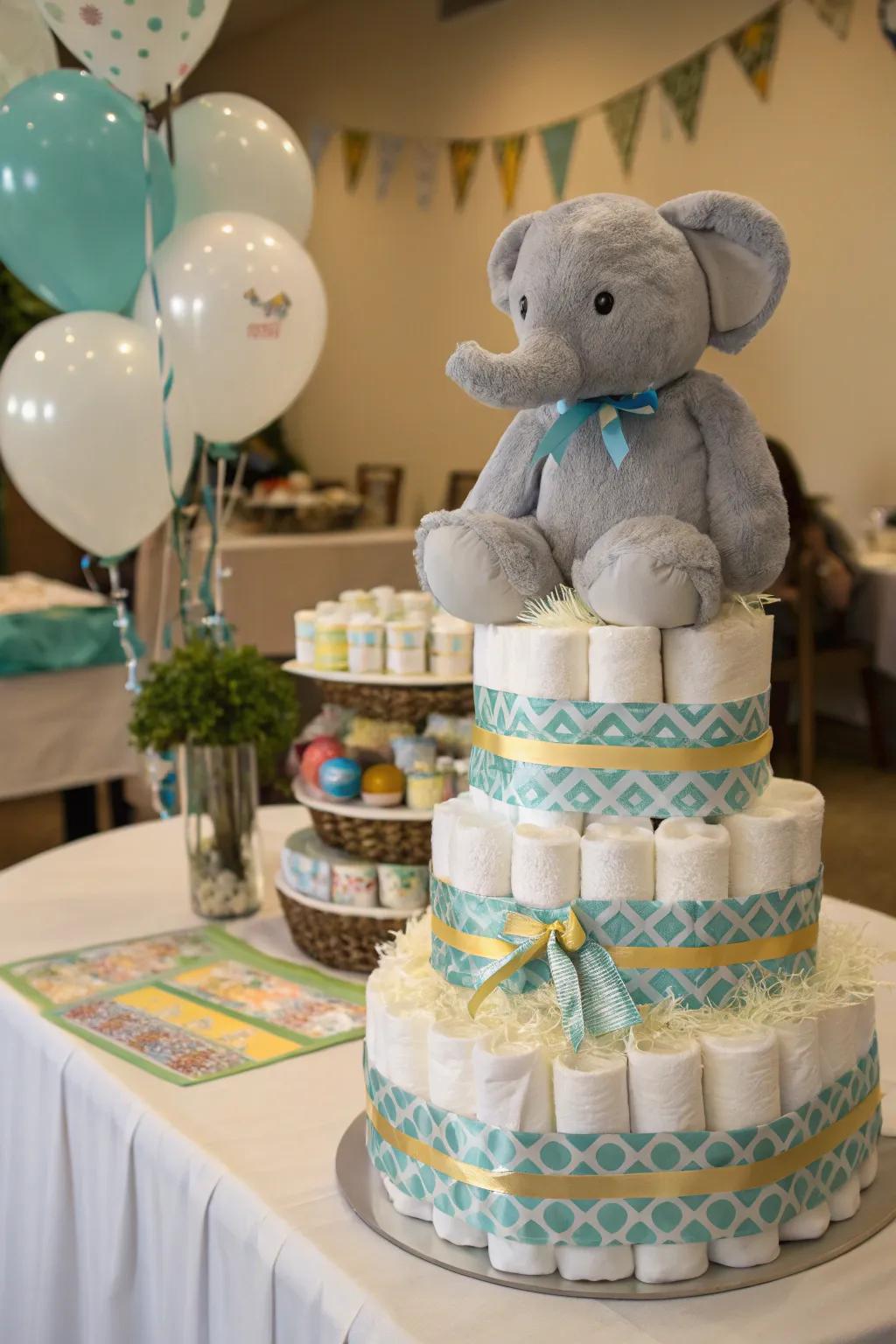 Practical and charming elephant diaper creation.