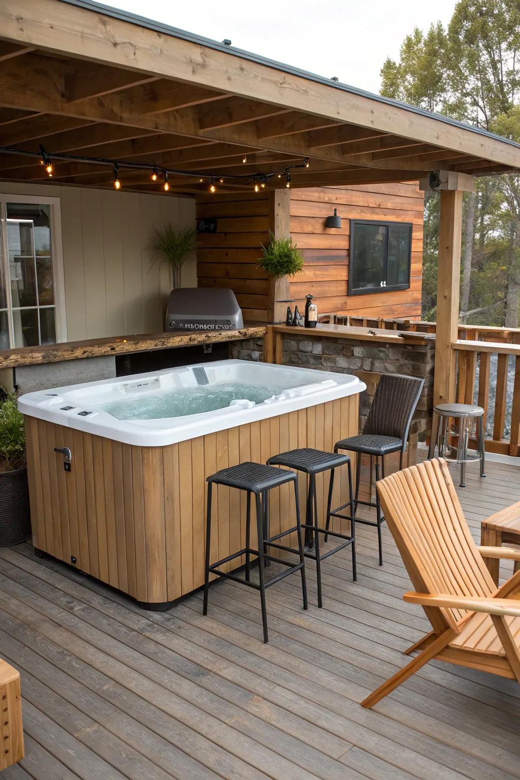 Elevate your deck with a convenient bar section next to your hot tub.