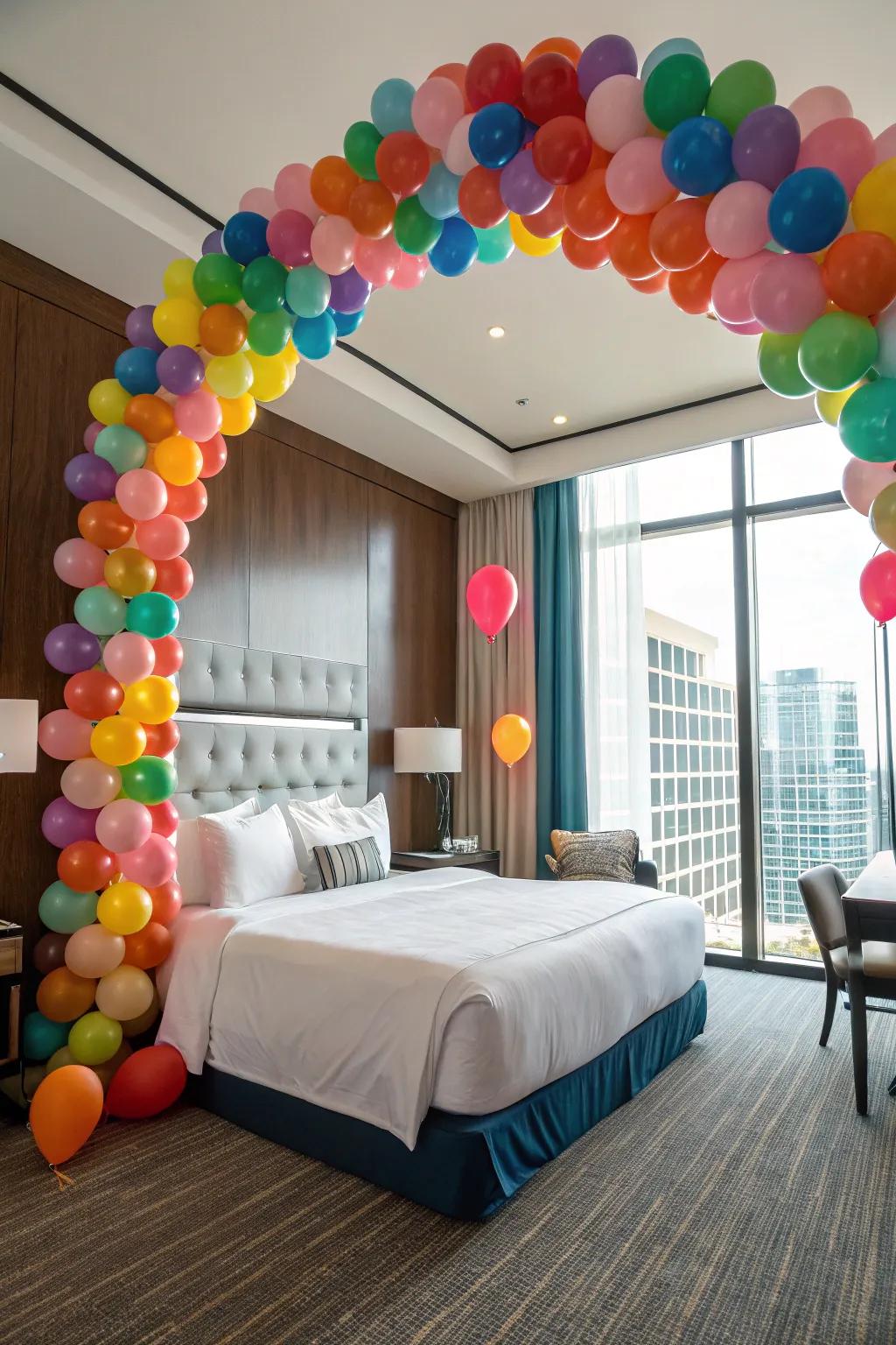 Incorporate a celebratory embellishment via a striking balloon archway.