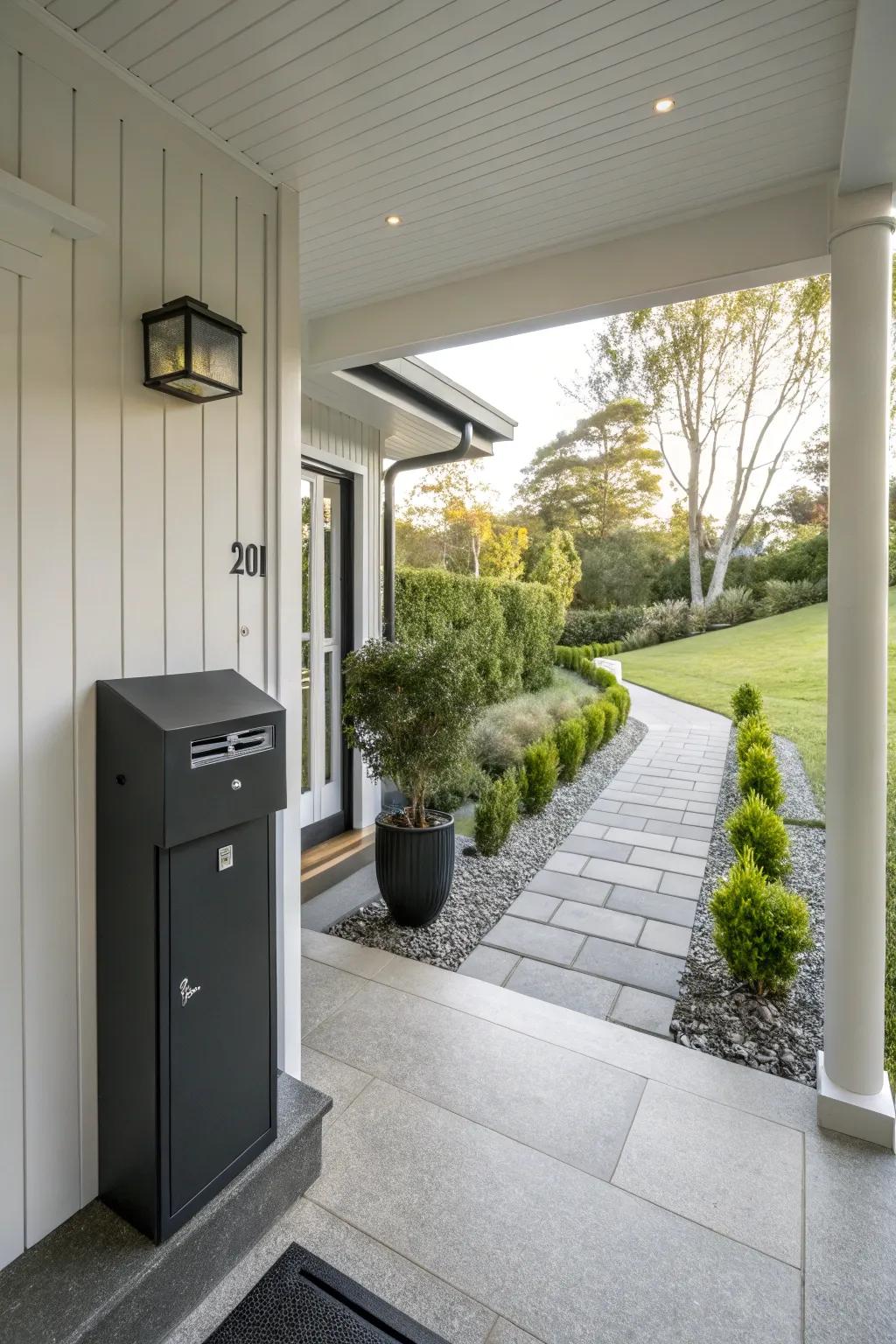 A streamlined postal box elevates the facade allure of this contemporary porch.