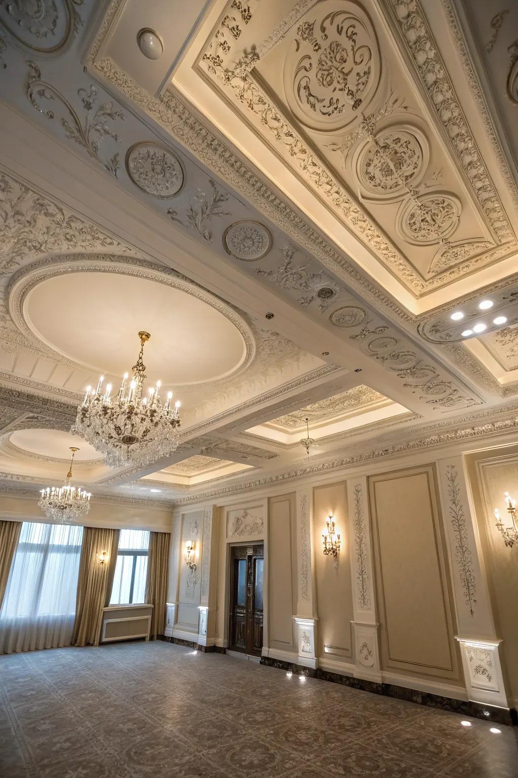 An exquisite chamber featuring intricate overhead plane moulding.