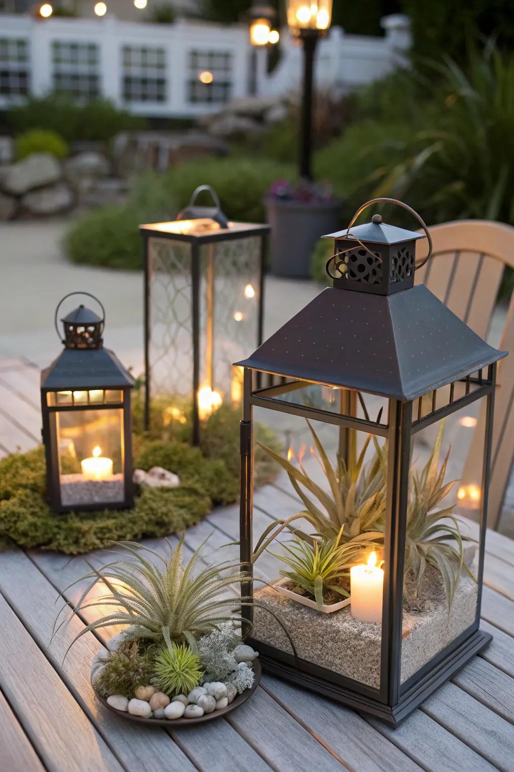 Ornamental lanterns featuring air plants for a snug radiance.