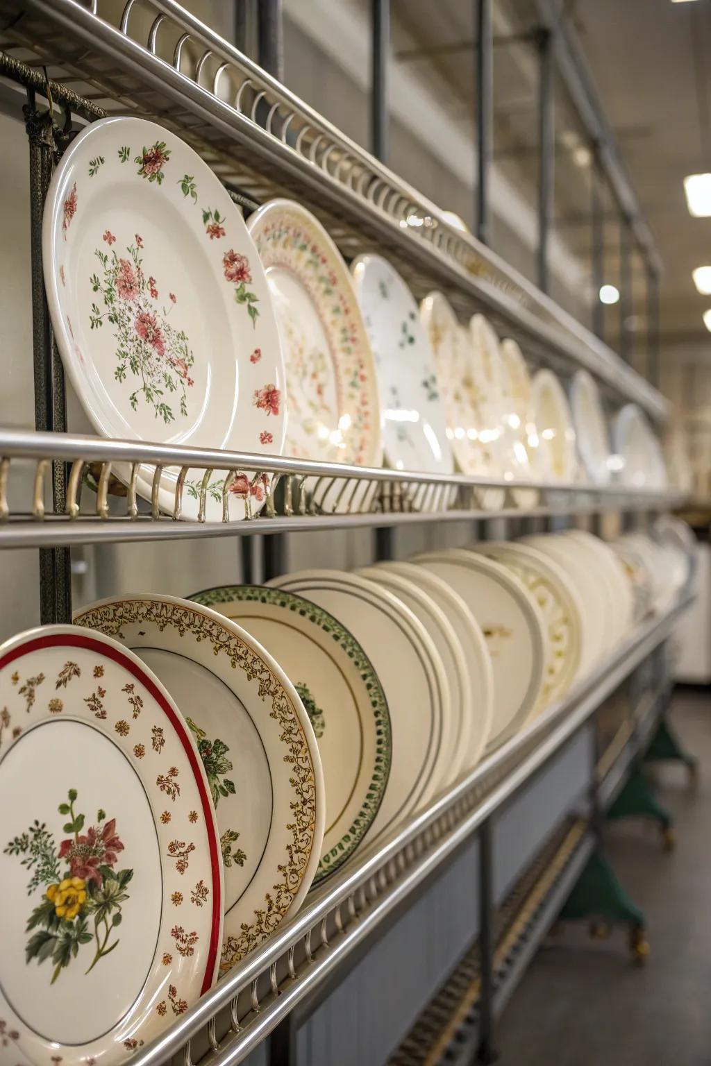 Elevated plate railings elegantly exhibiting ornamental china plates.