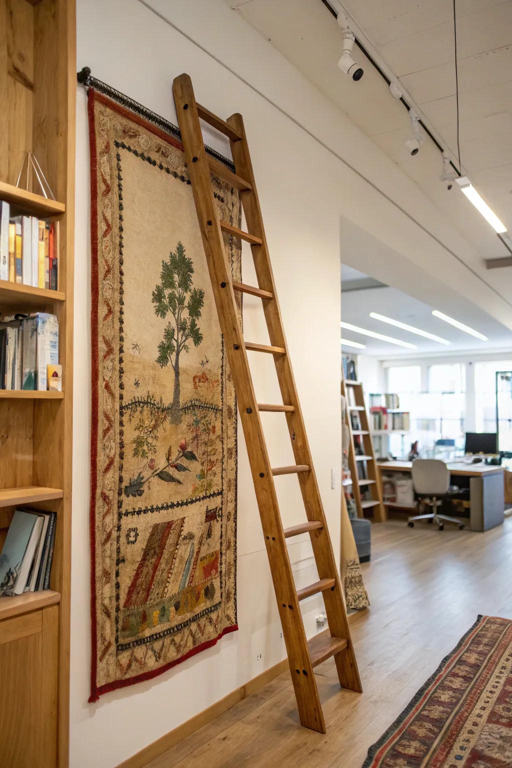 A ladder can furnish a unique and rustic drapery display.