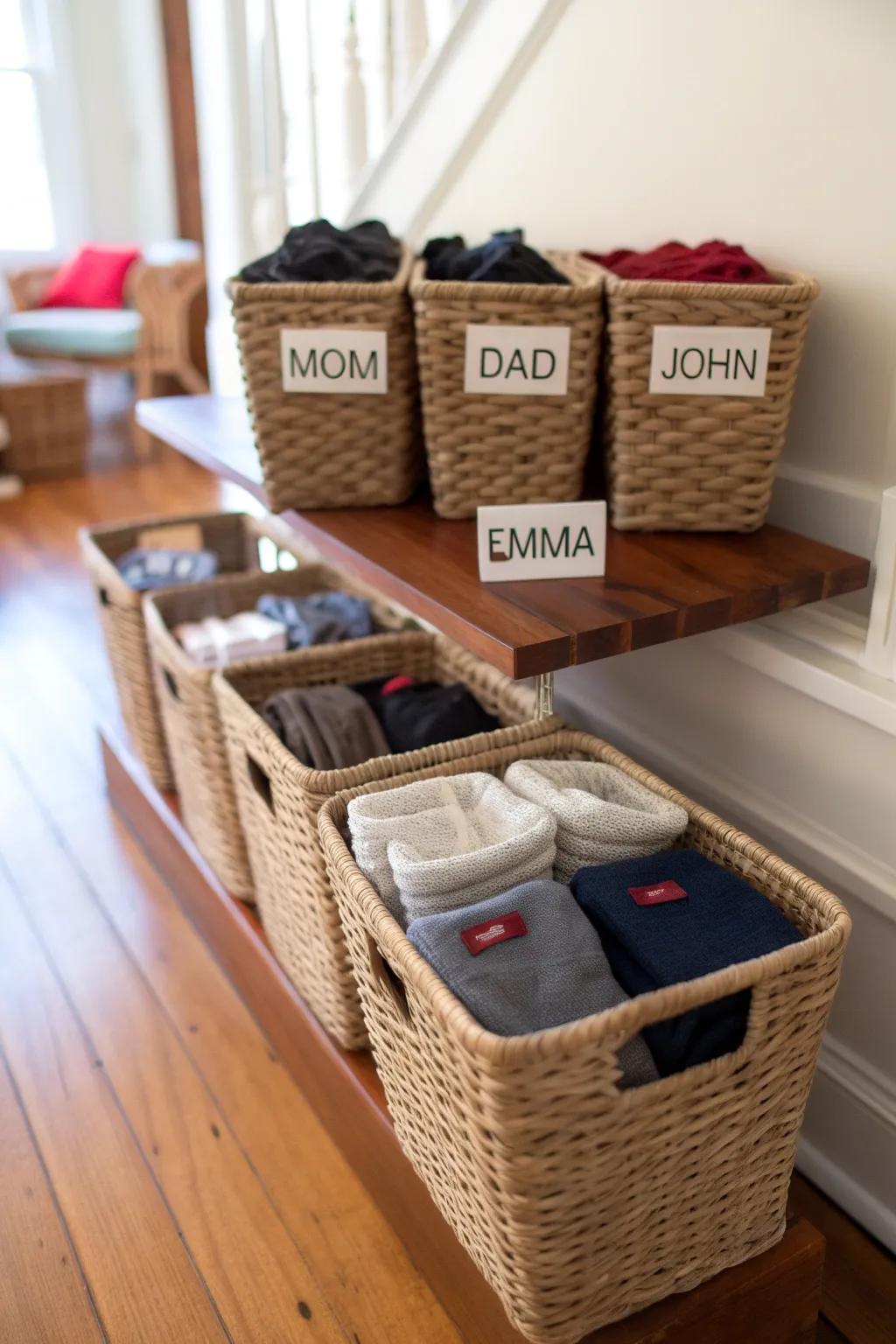 A sock basket system simplifies both sorting and storing.