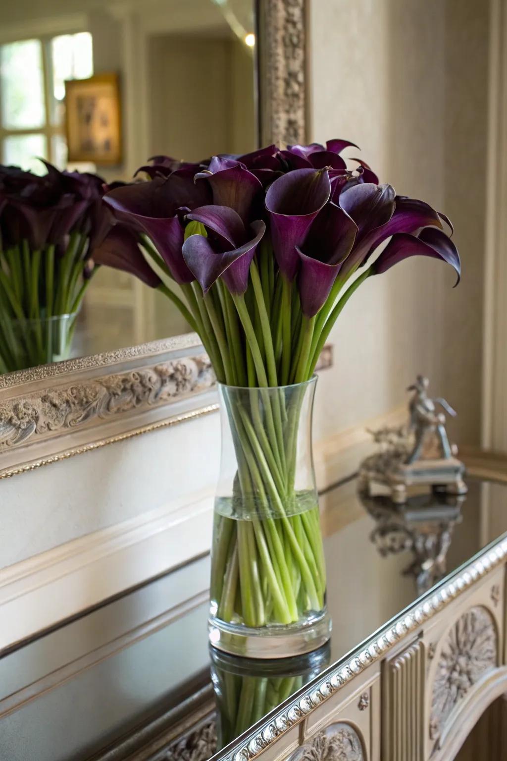Dark blossoms introduce visual appeal to the living room atmosphere.