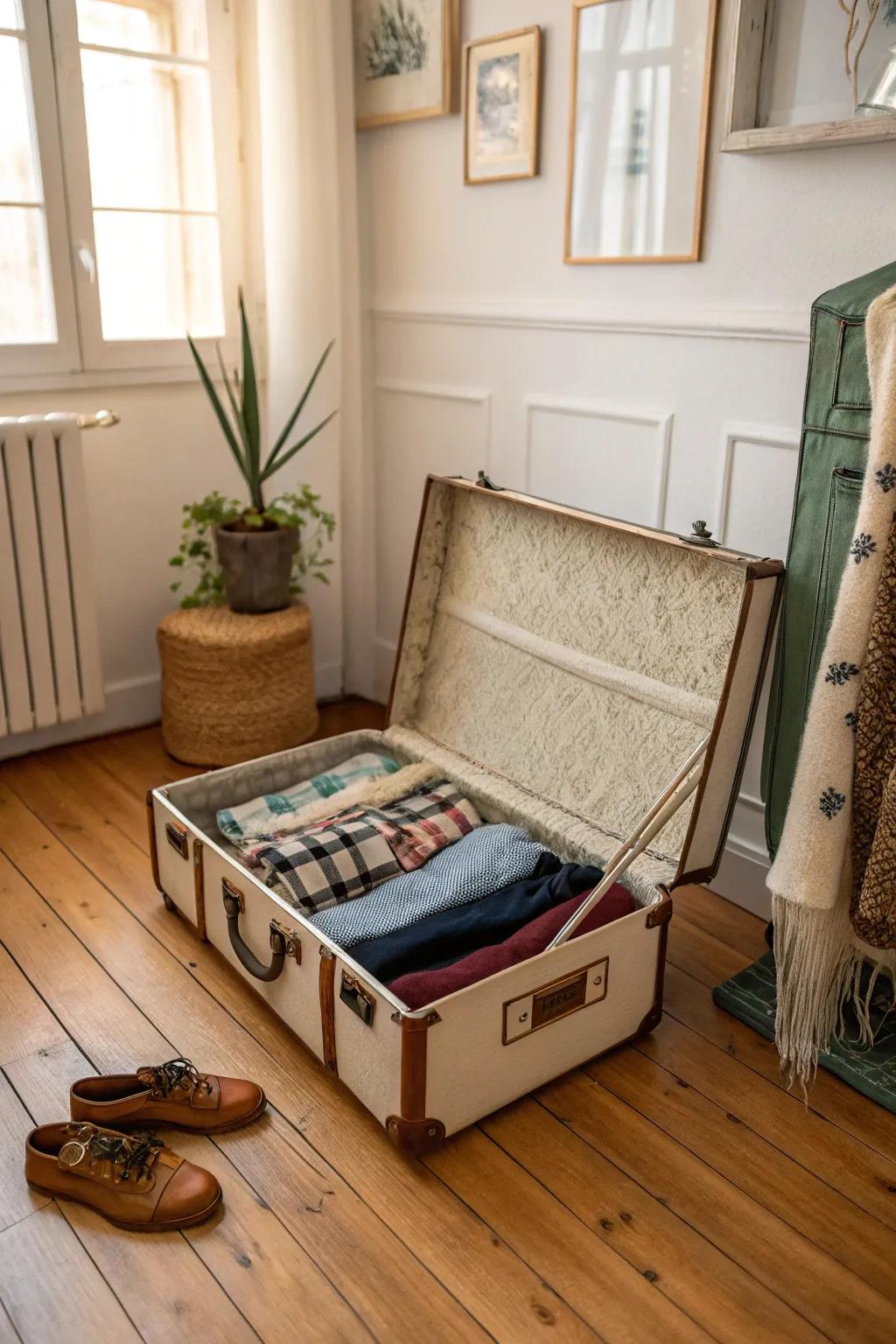 Transform a vintage suitcase into a unique leggings storage solution.
