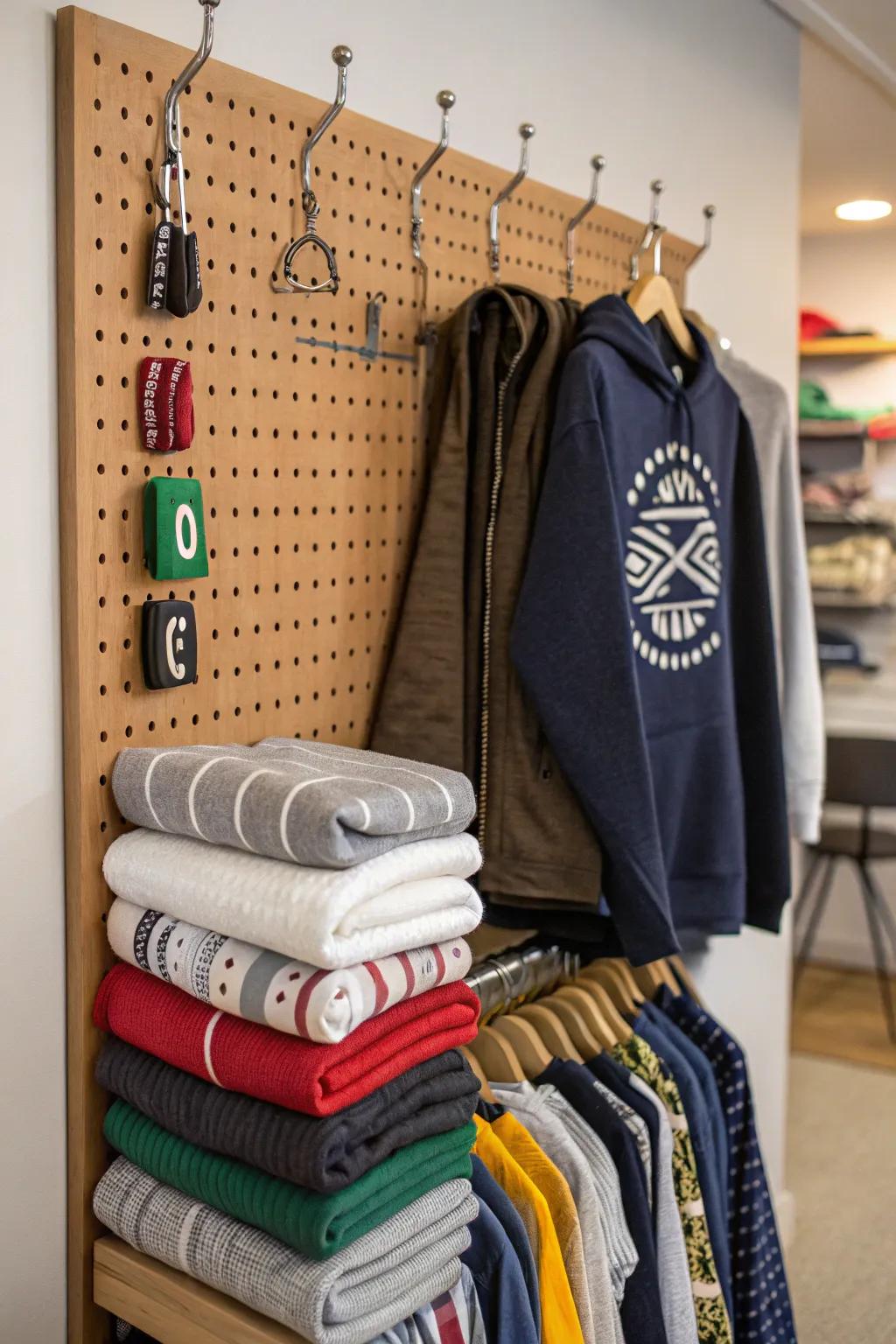 Pegboards offer a creative and functional way to organize sweatshirts.