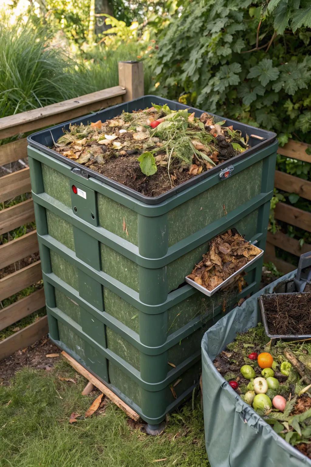 A compost bin showcasing perfectly layered green and brown materials for optimal breakdown.