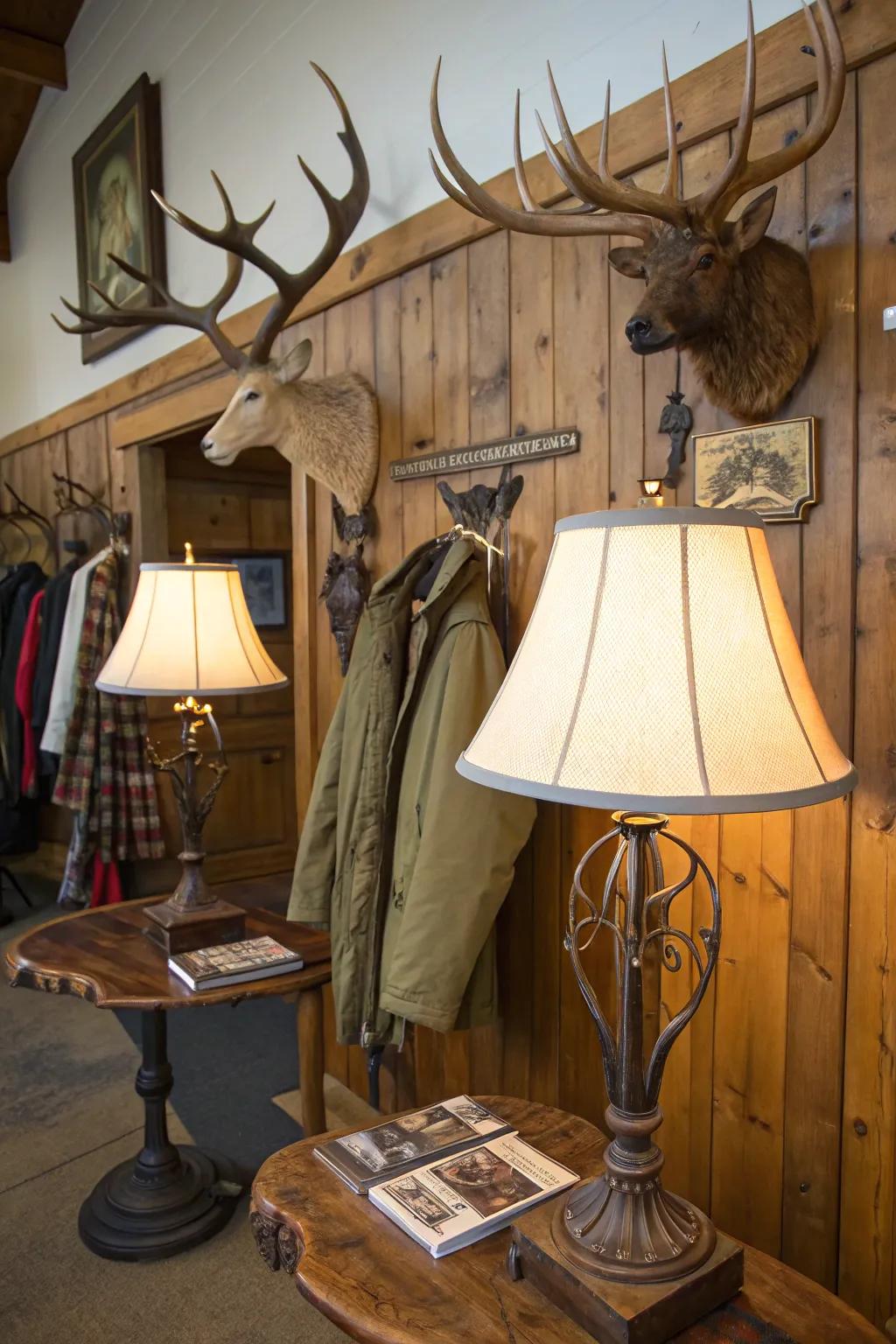 Antler decor combines functionality with rustic beauty.