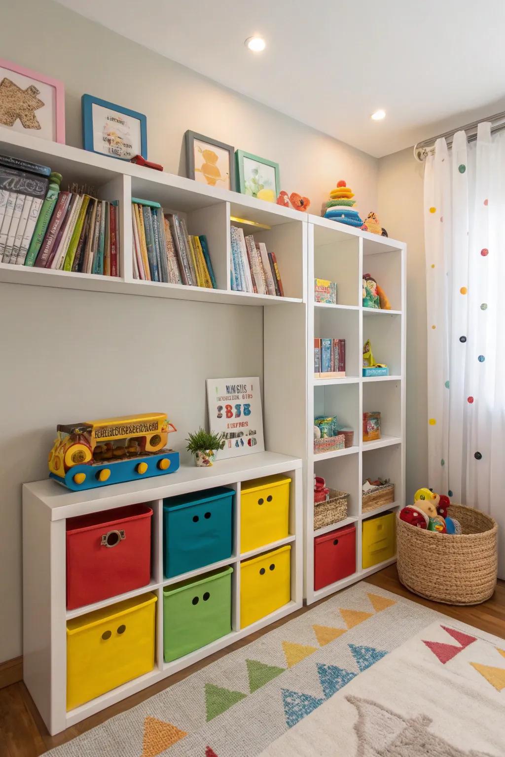Infuse a whimsical and orderly touch into children's quarters through the incorporation of in-wall shelves.