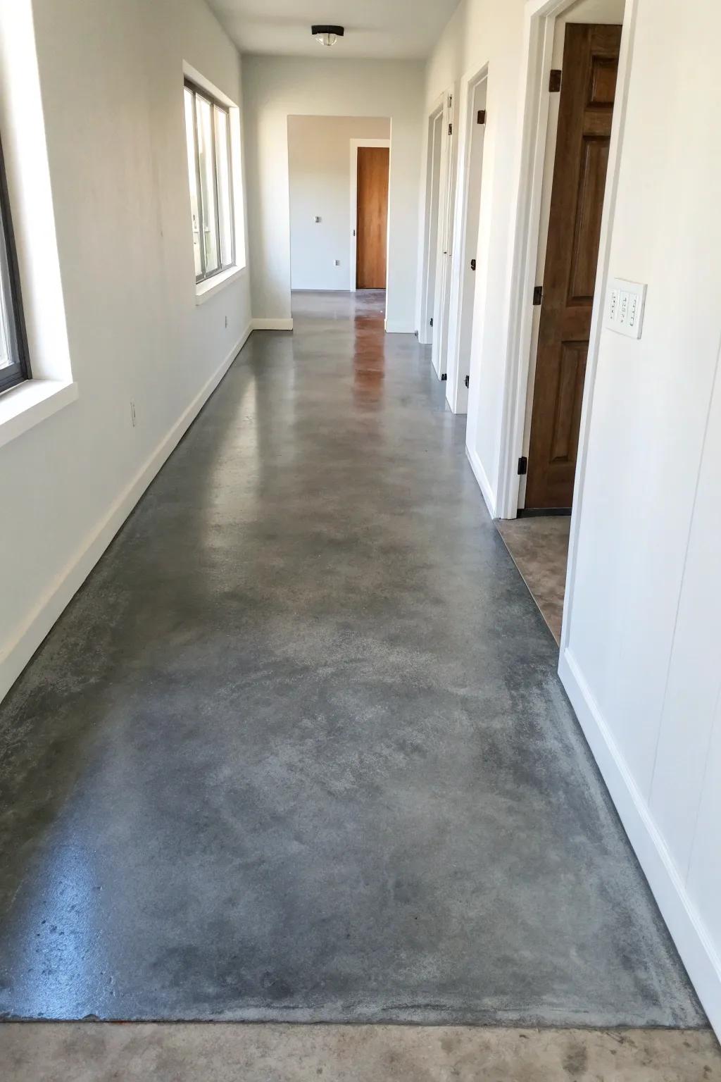 A contemporary ombre gradient on a concrete floor introduces depth and visual intrigue to this hallway.