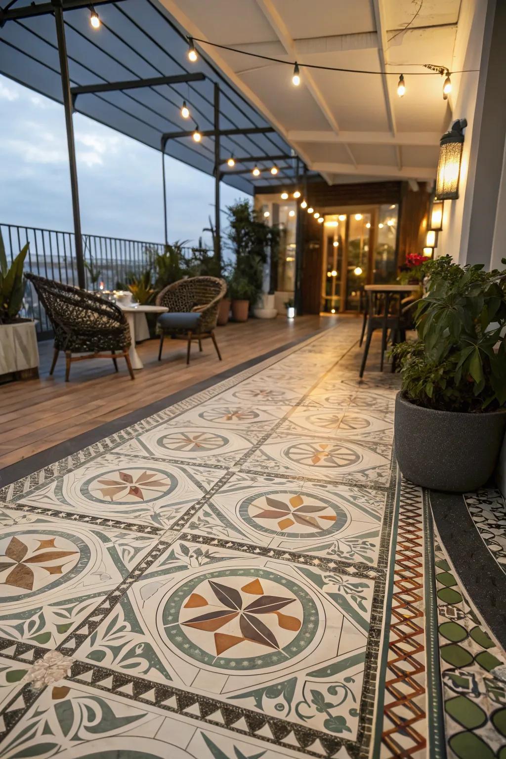 Artistic flooring lends character to this indoor deck.