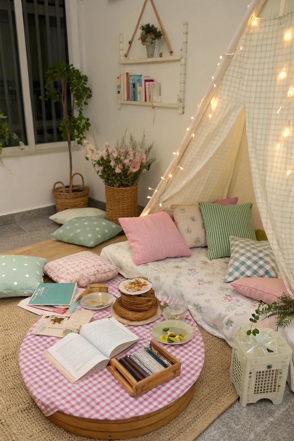 A reading space includes a touch of quiet consideration towards the picnic.