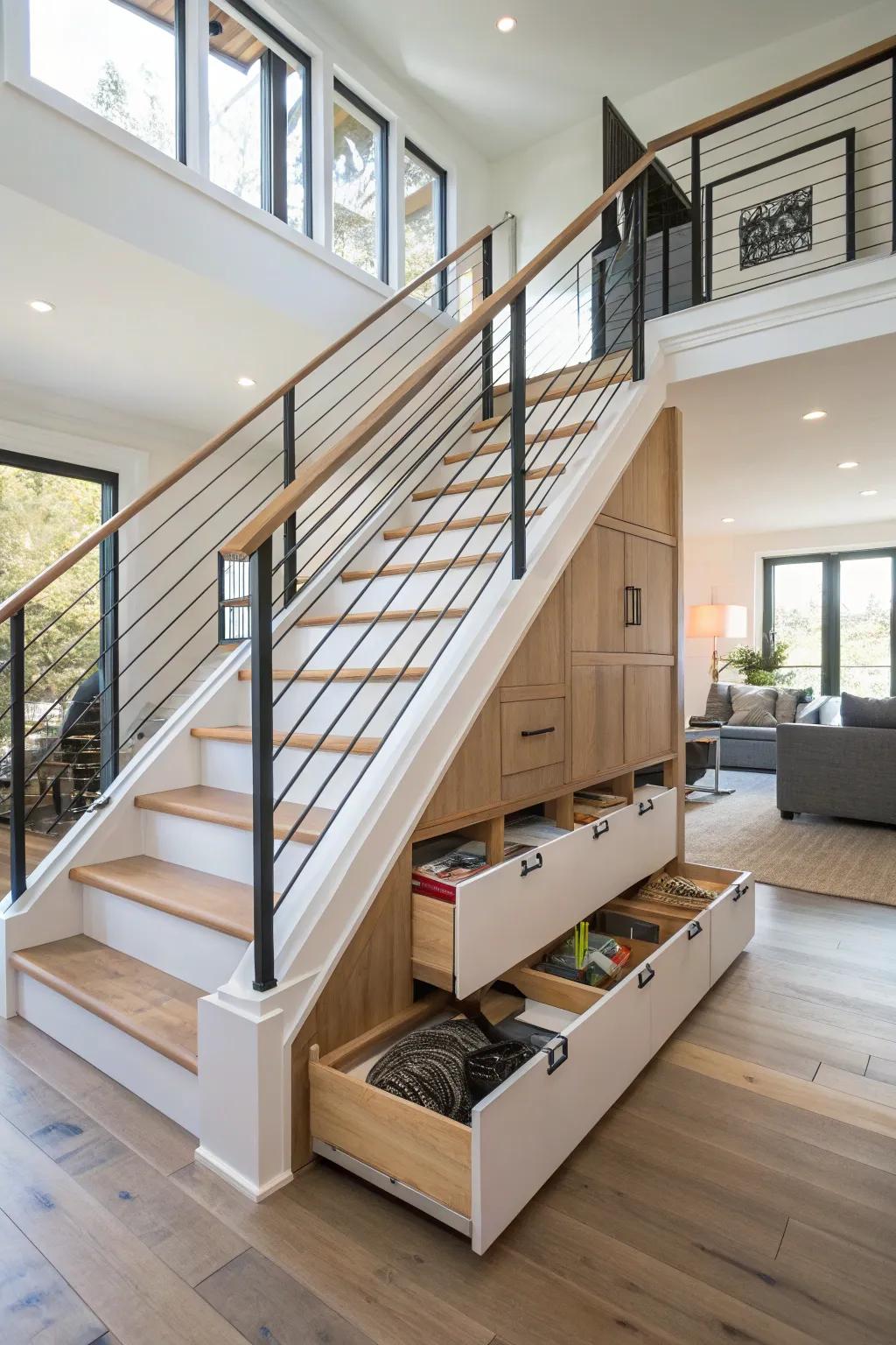 Railing with storage maximizes space stylishly.