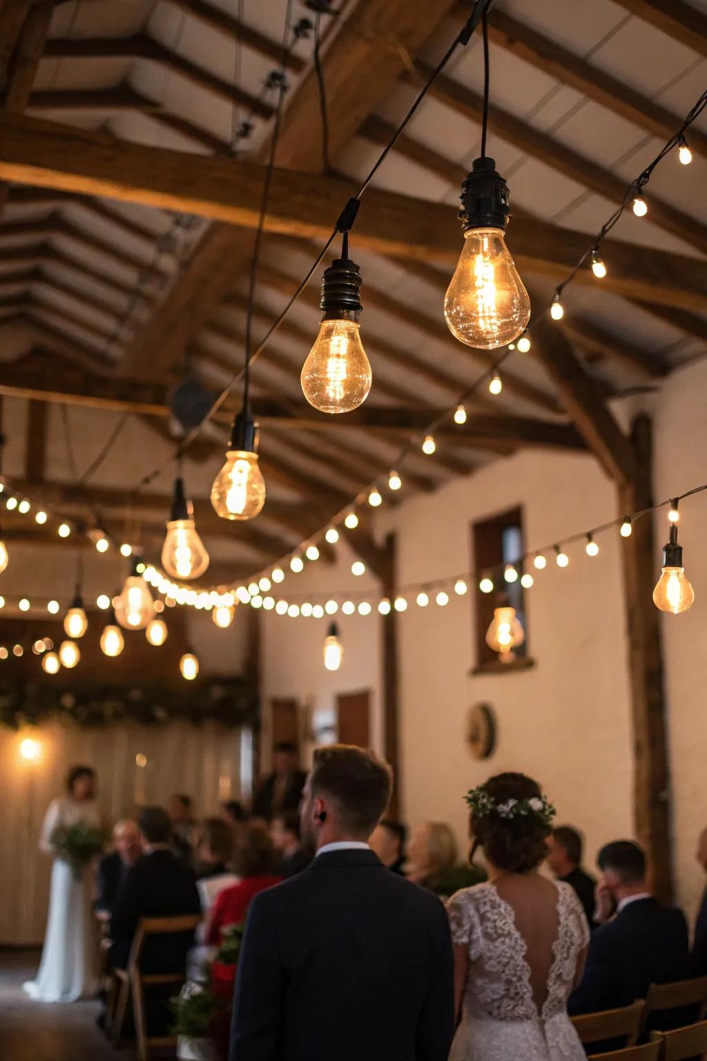 Filament lights injecting countryside allure with a contemporary twist to the wedding.