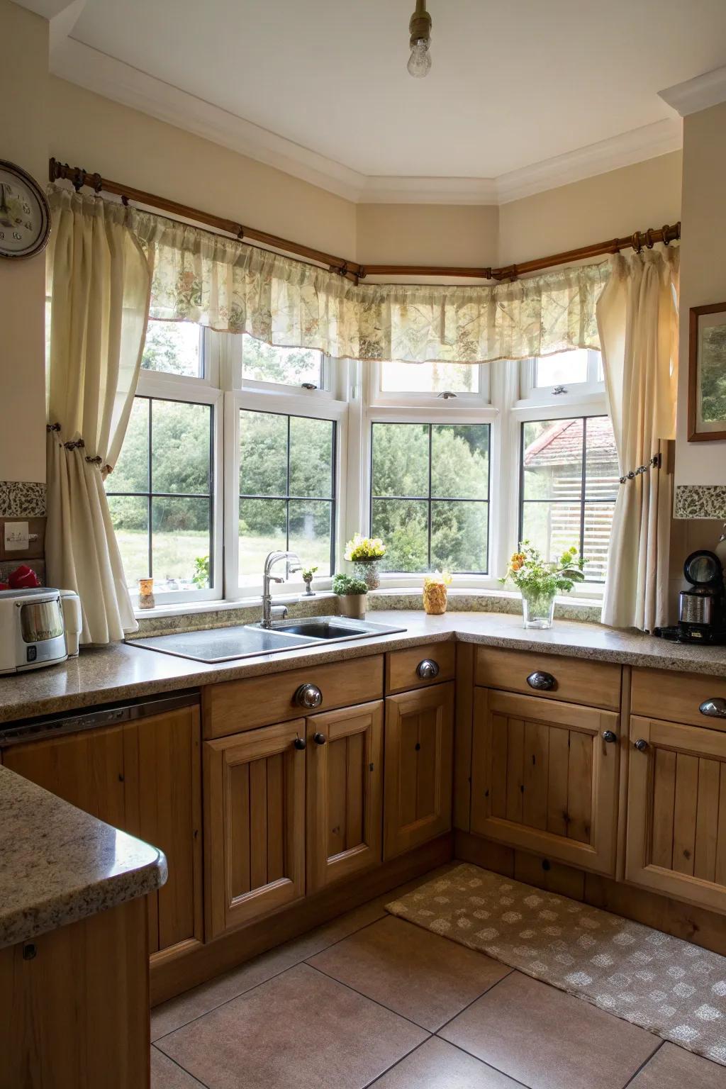 Abbreviated curtains furnish a relaxed and unceremonious ambiance.