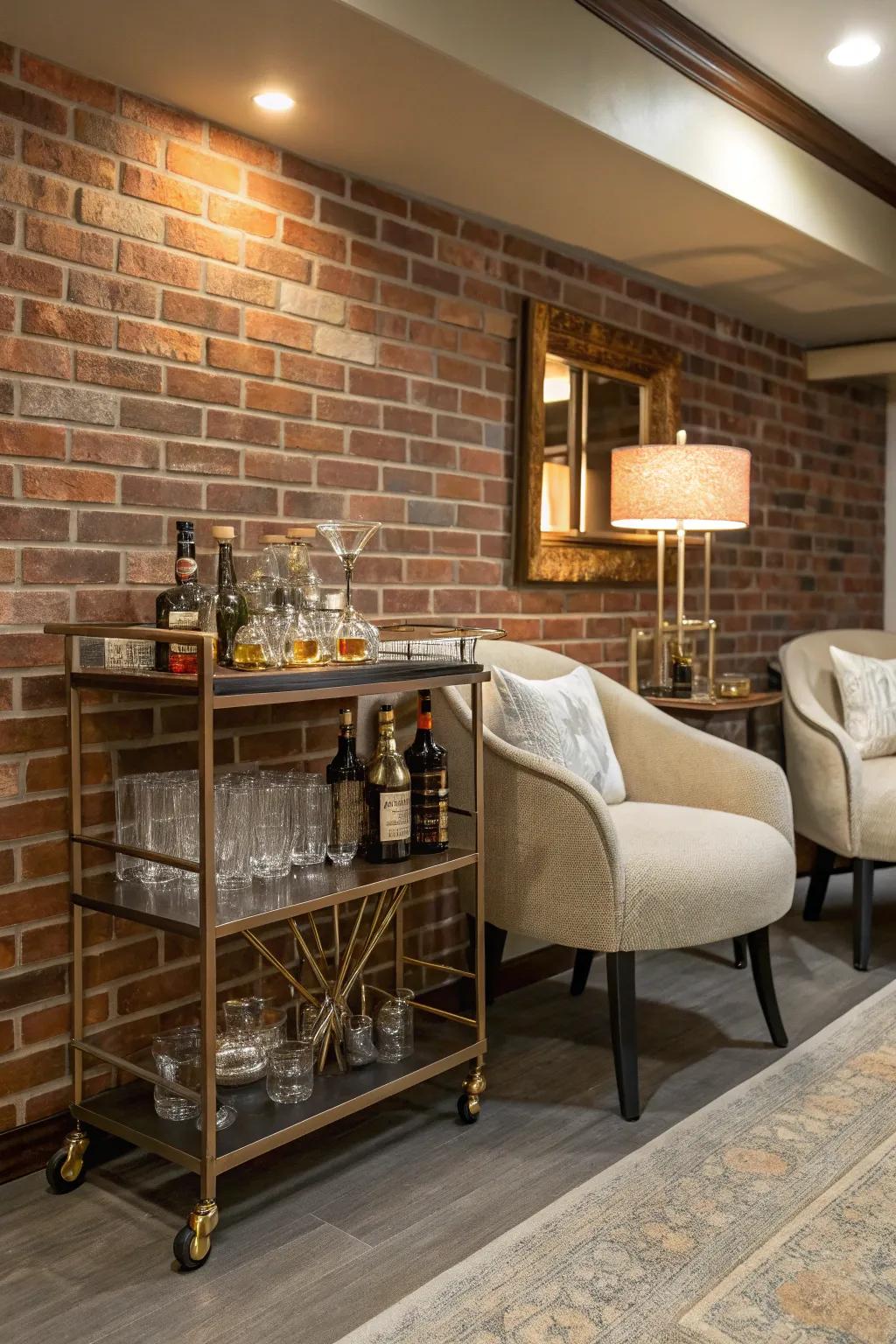 A chic home beverage arrangement with a brick wall, ideal for entertaining guests.