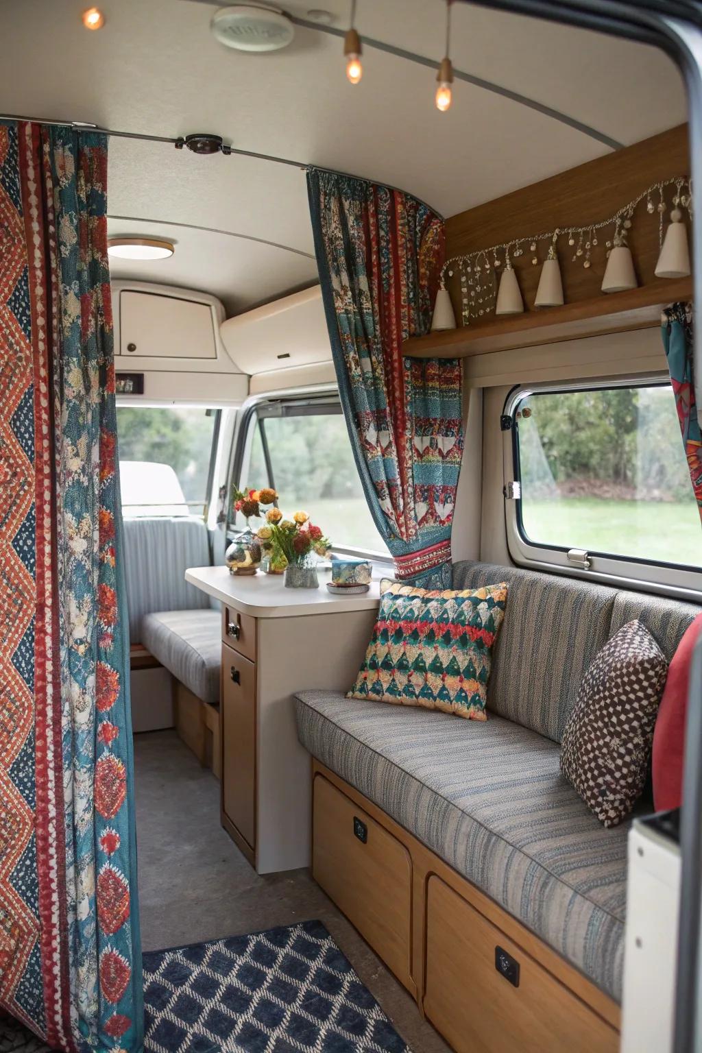 Patterned drapes infusing visual interest and style to the RV.