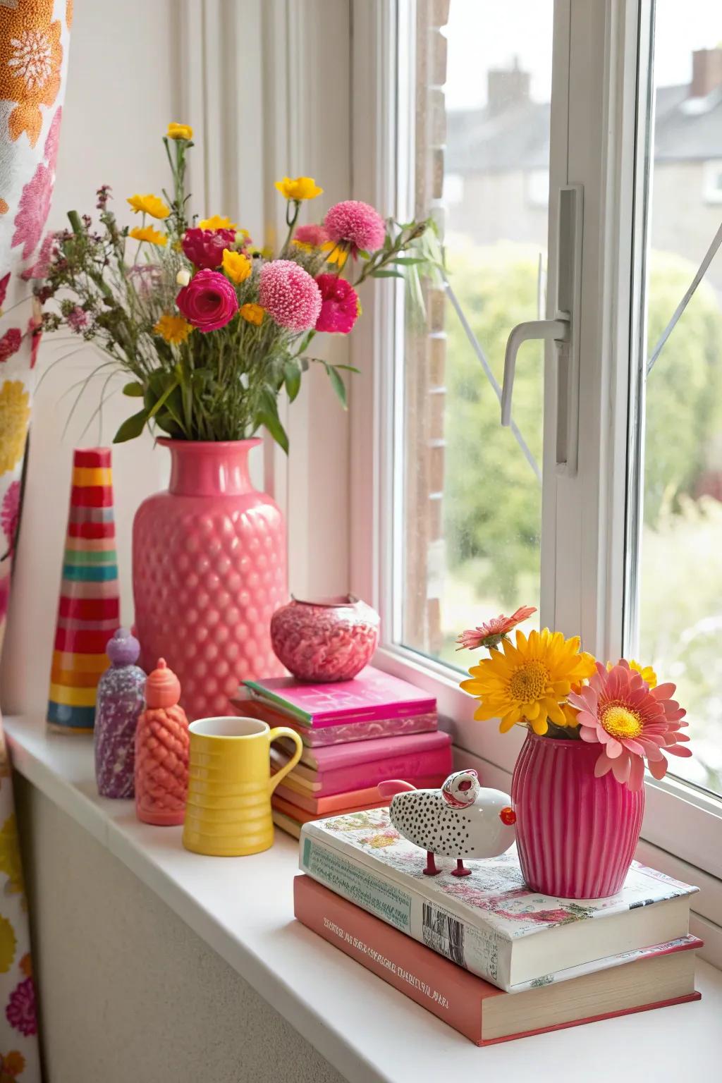 Vibrant hues transform your window sill into a lively focal echelon.