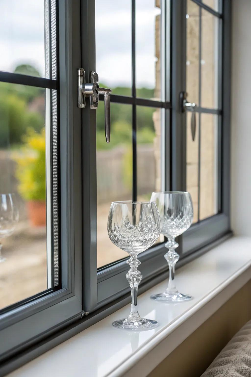 A window ledge refined via vitreous panels, thus proffering a streamlined and modern semblance.