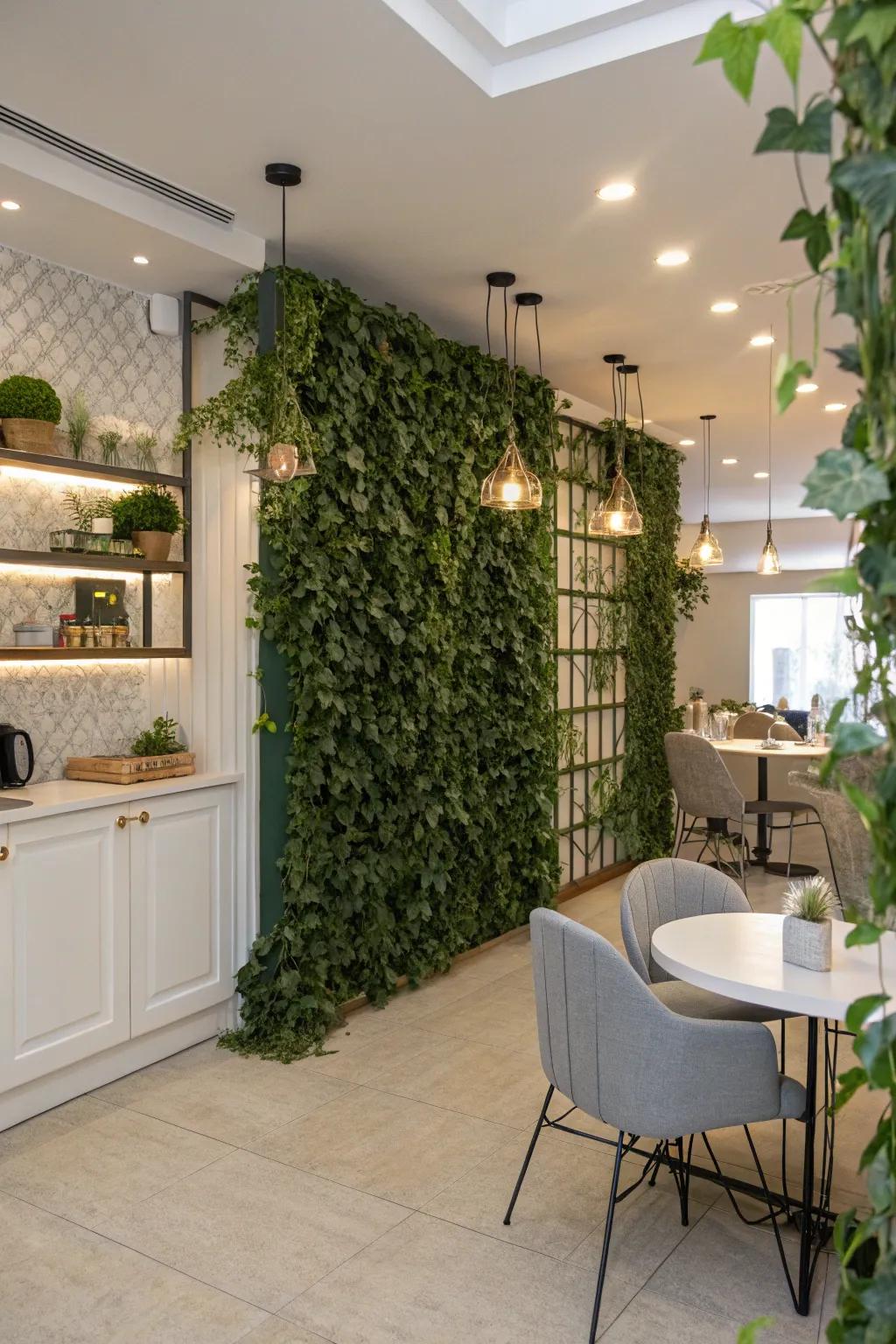 A botanical wall serving as a chic space partition, contributing both privacy and greenery.