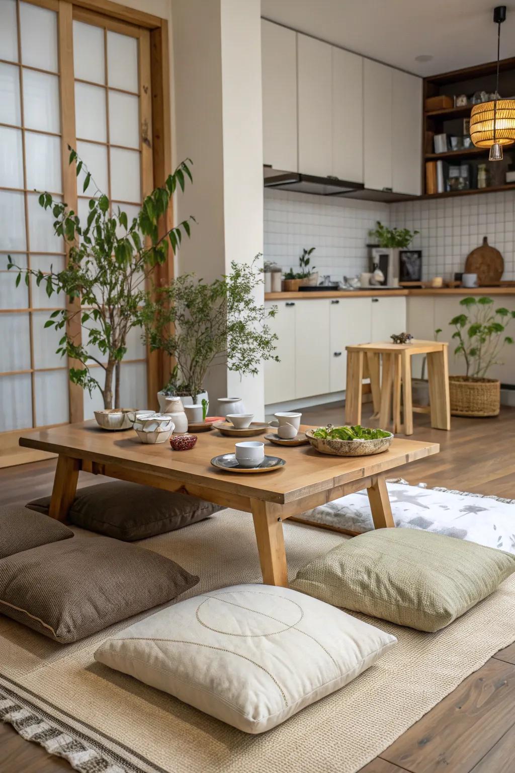 Floor cushions enhance a cozy, informal setting.