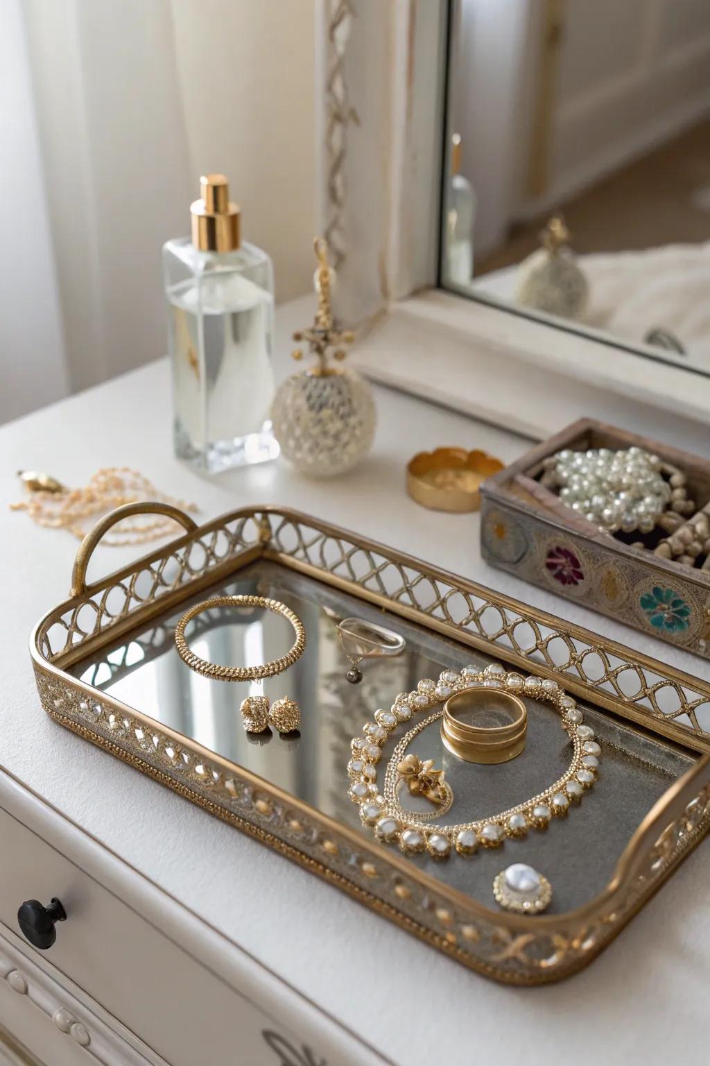 An antique mirror salver for a glamorous jewelry display
