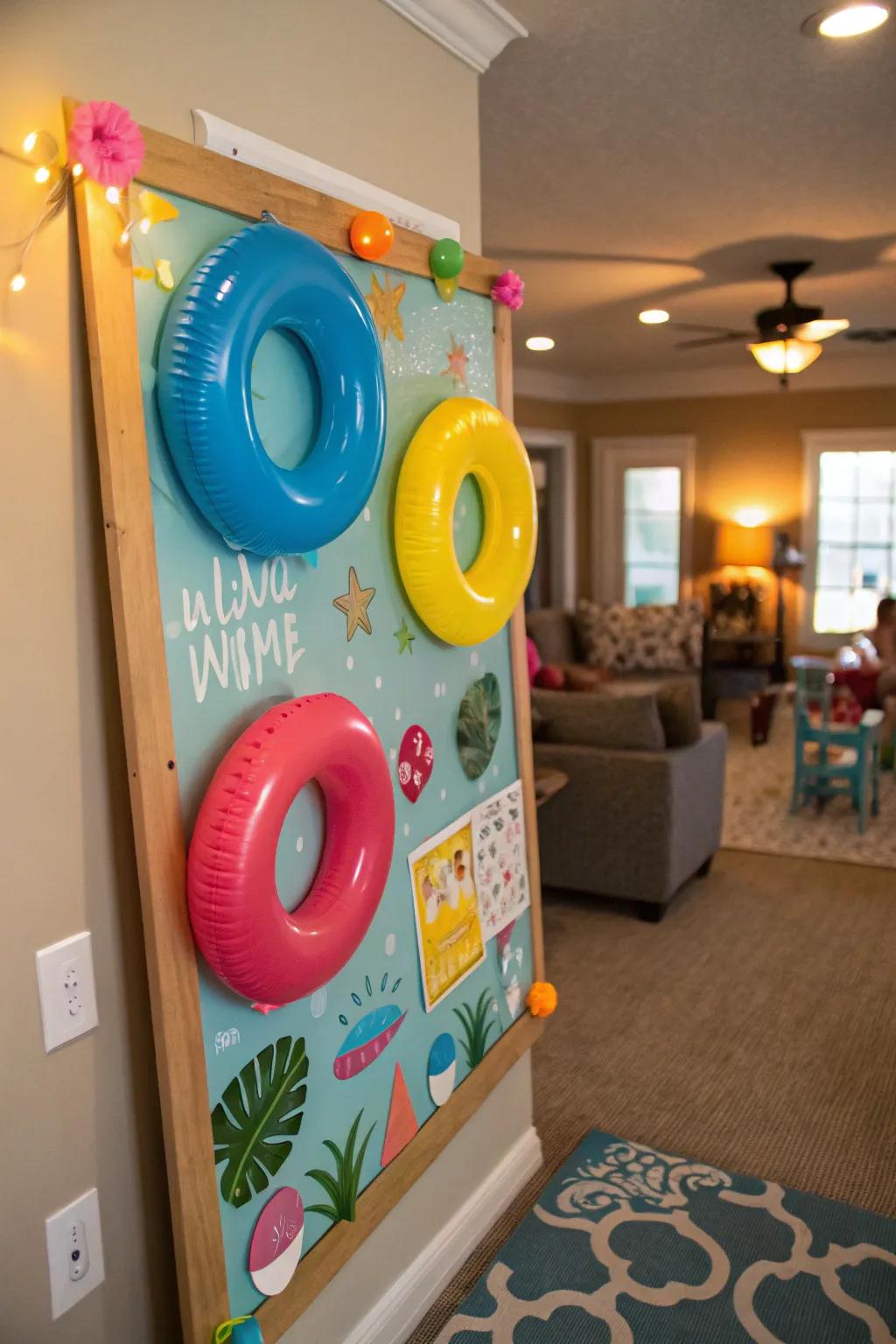 A poolside-themed bulletin board for summer revelry.