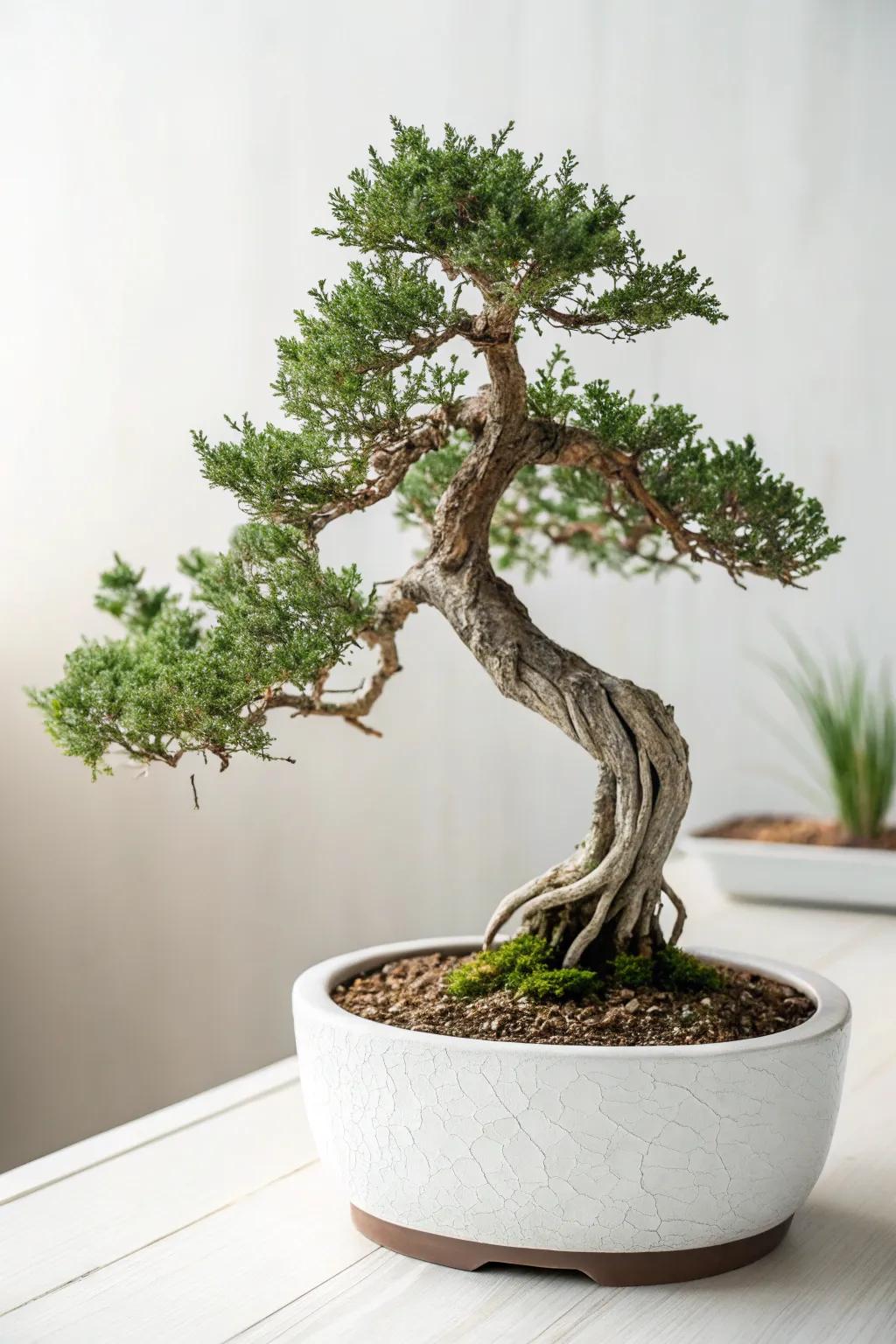 An uncovered radicle juniper bonsai revealing its striking radicles within a minimalist vessel.