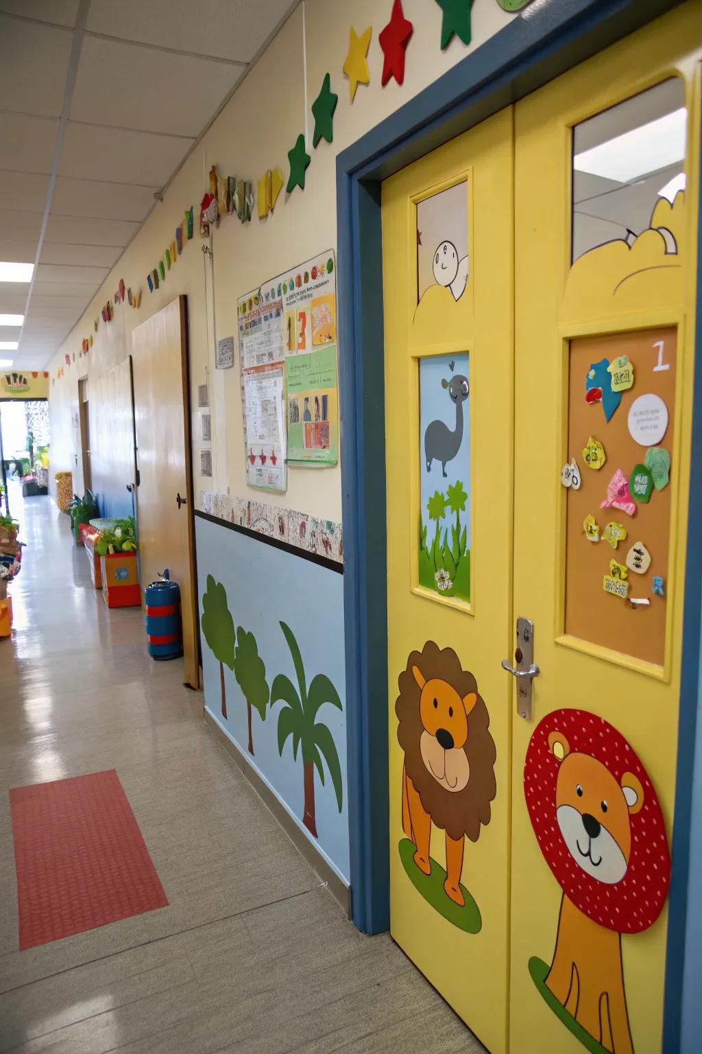 A kindergarten portal with diverse faunal cutouts for a spirited theme.
