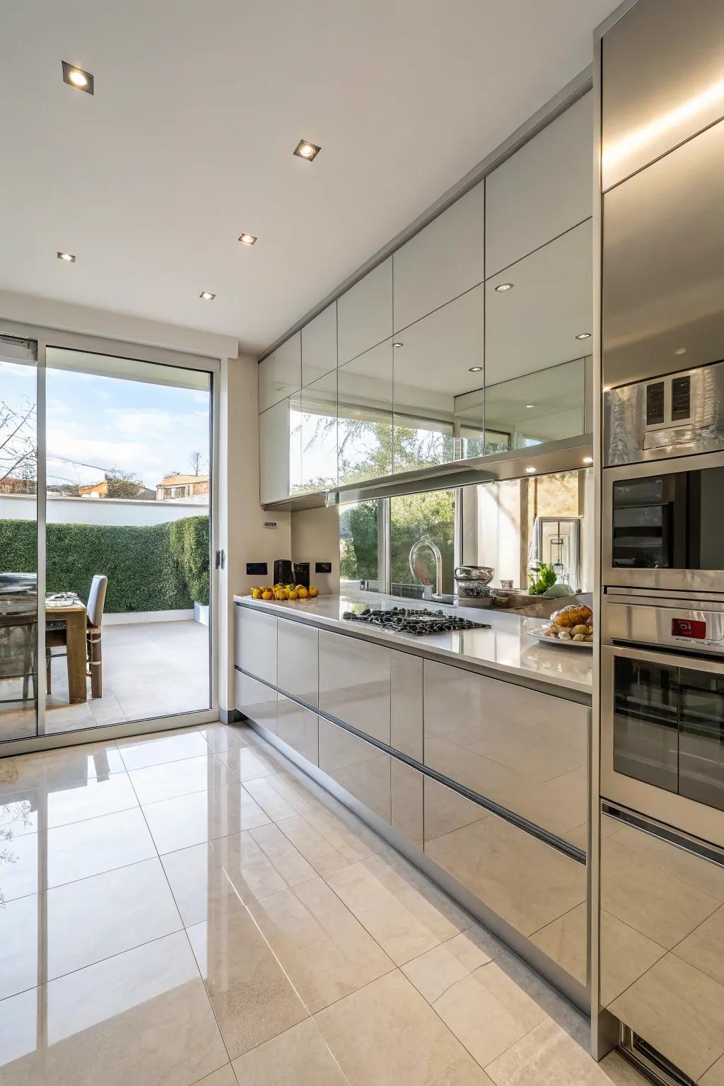Mirrored surfaces amplify light and space, allowing kitchens to feel more expansive.