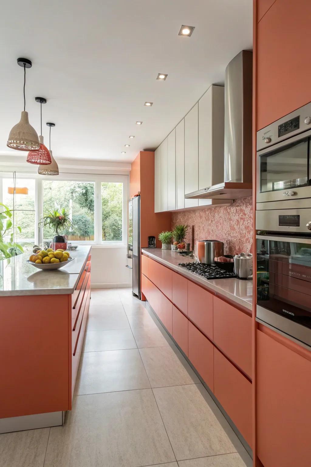 Energetic coral infuses a spirited feature into your kitchen.