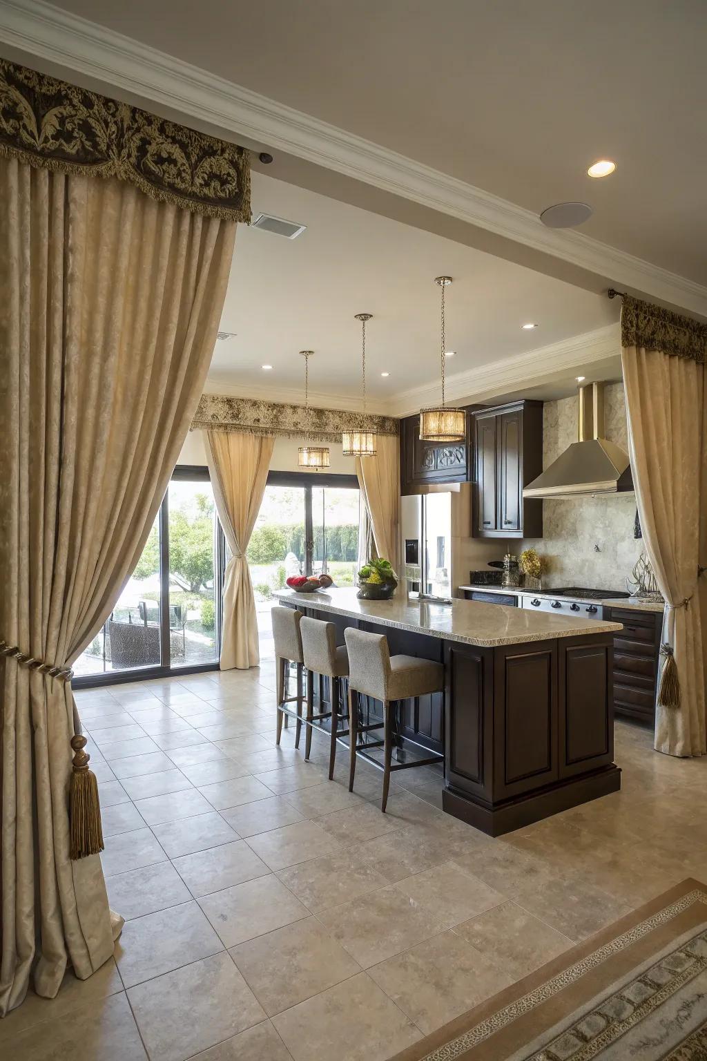 Floor-length window coverings impart elegance and spectacle to larger kitchens.