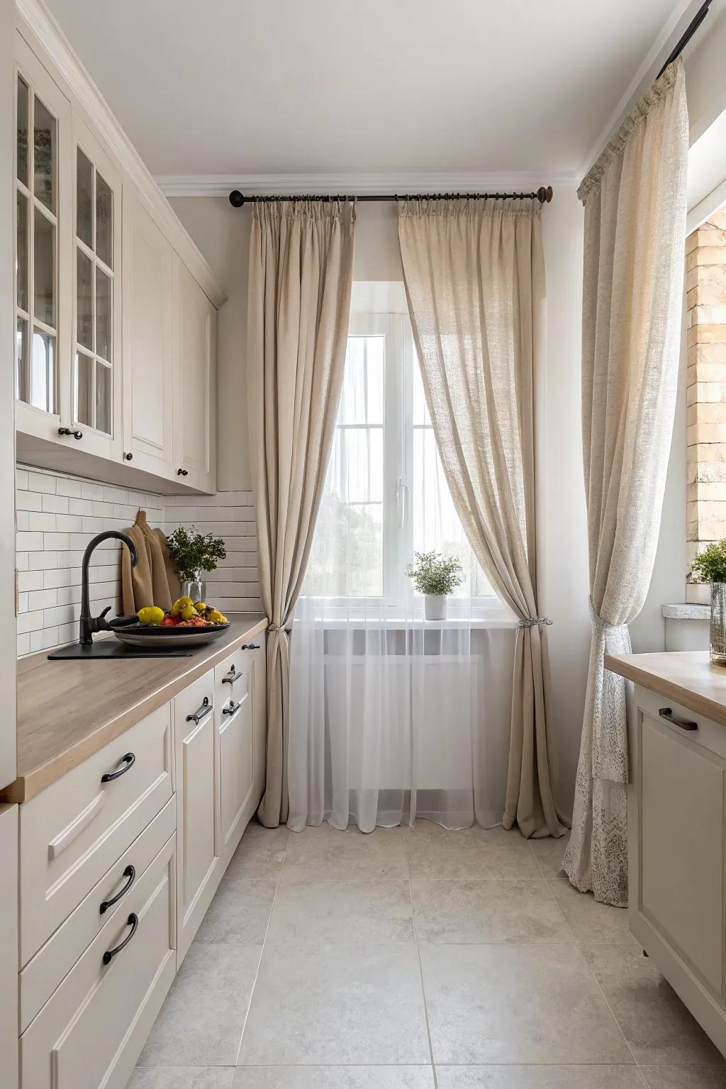 Neutral coverings offer a serene and cohesive kitchen framework.