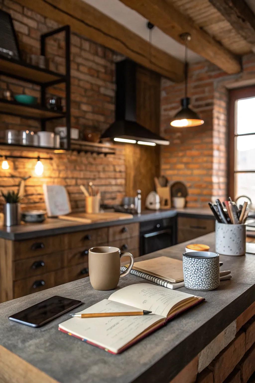 A kitchen desk area enhanced using textured materials for added character.