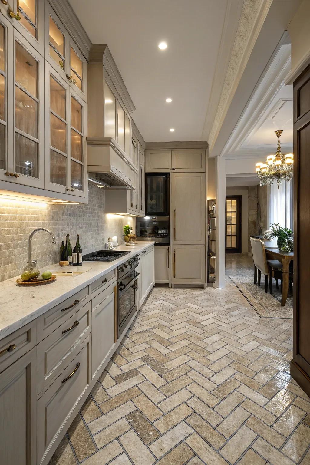 Welcome elegance utilizing herringbone-patterned tiles.