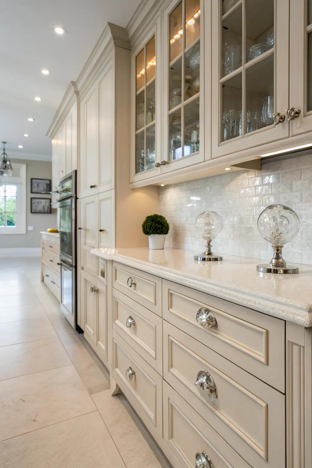 Elegant glass buttons introducing glamour and light to the culinary space.