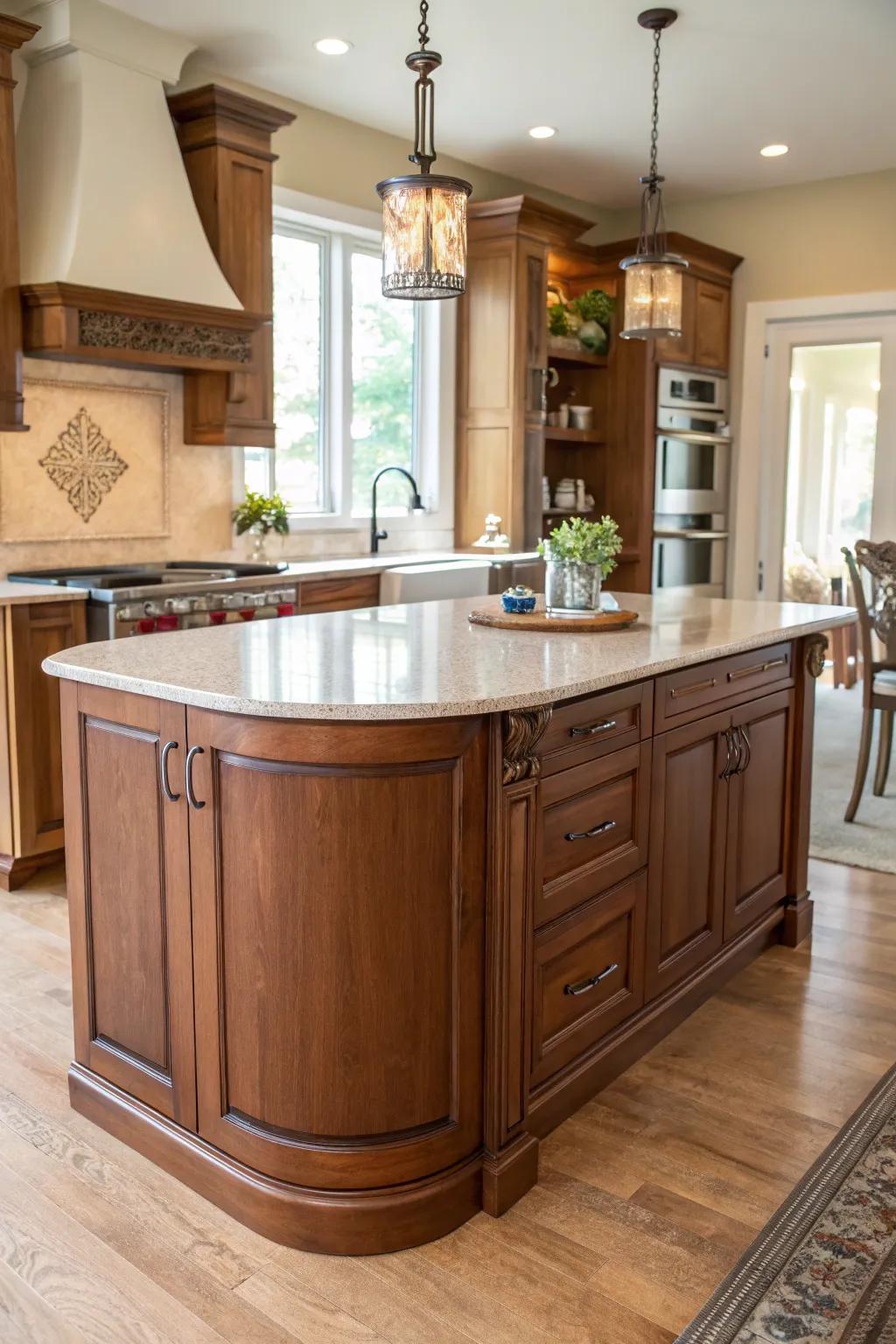 An inviting kitchen island featuring elegantly contoured edges.