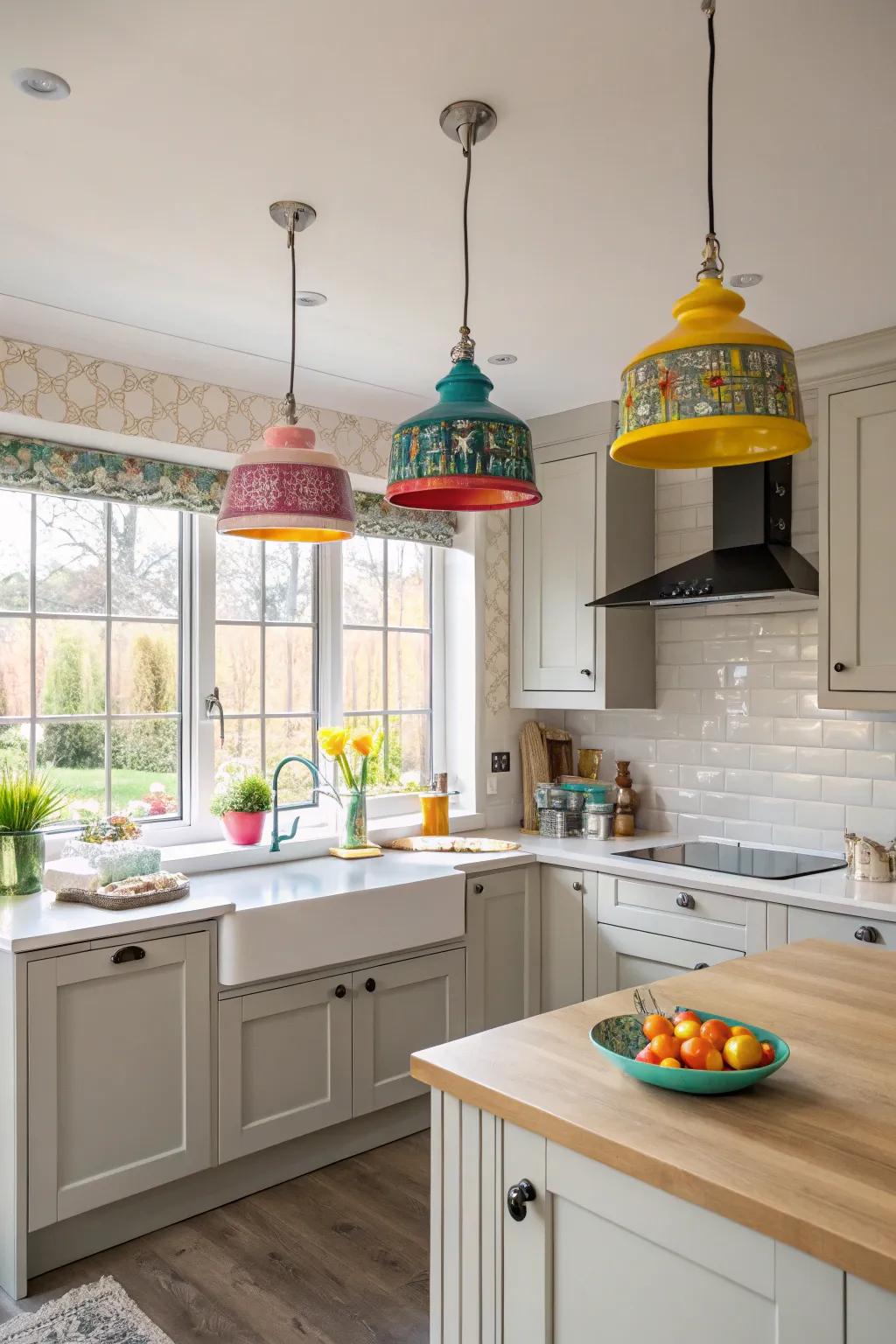 A burst of color within luminaire designs infuses individuality and uniqueness into this culinary space.