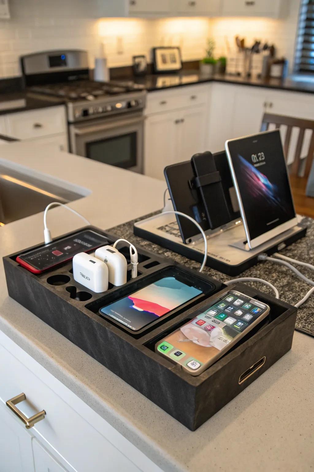 An integrated charging station sustains a technologically advanced workspace.