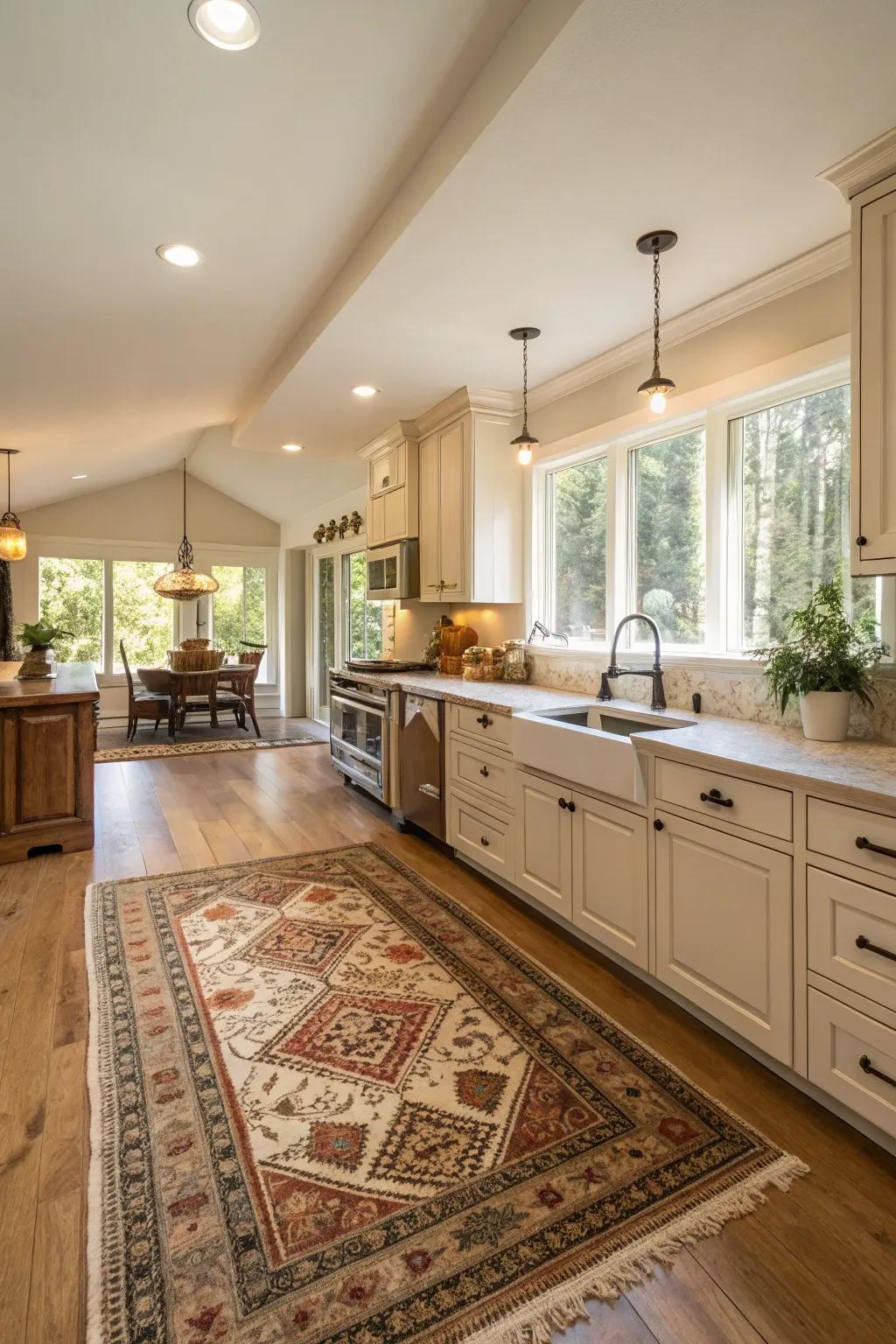 Expansive ground covers anchor and contribute warmth to open kitchens.
