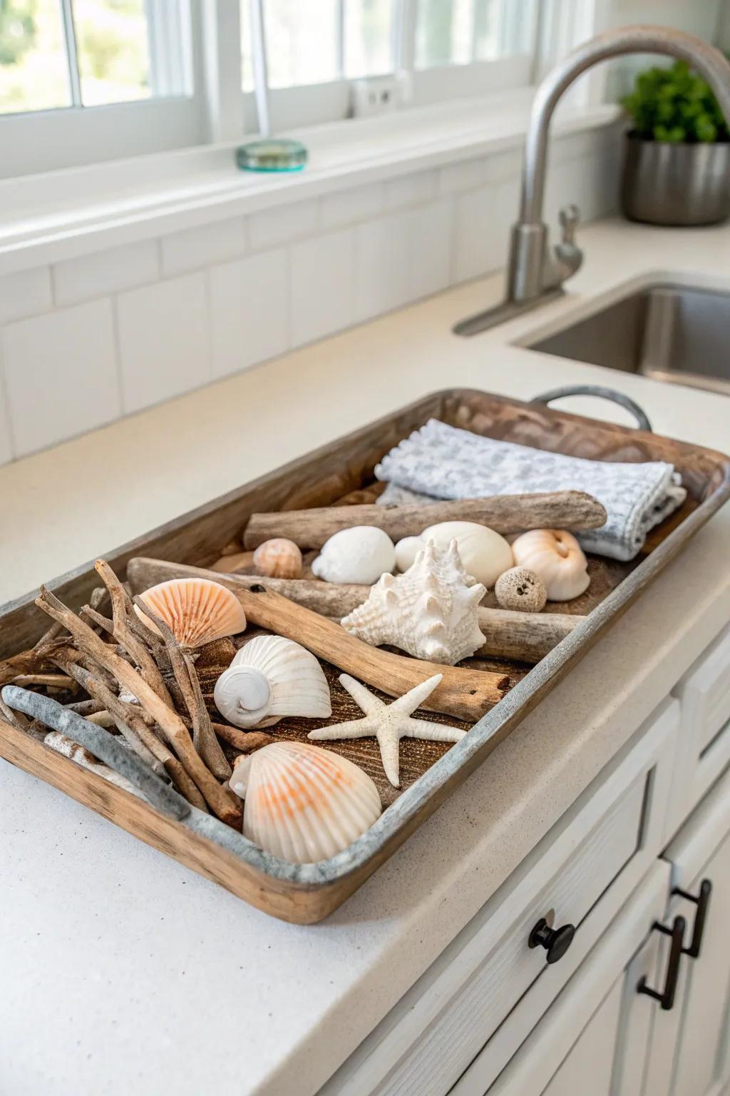 Seashells paired with shoreline debris conjure a tranquil littoral atmosphere.
