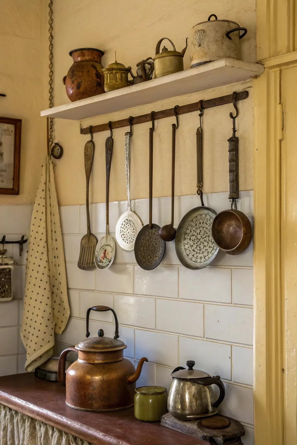 A kitchen wall spotlighting a charming presentation of relic utensils.