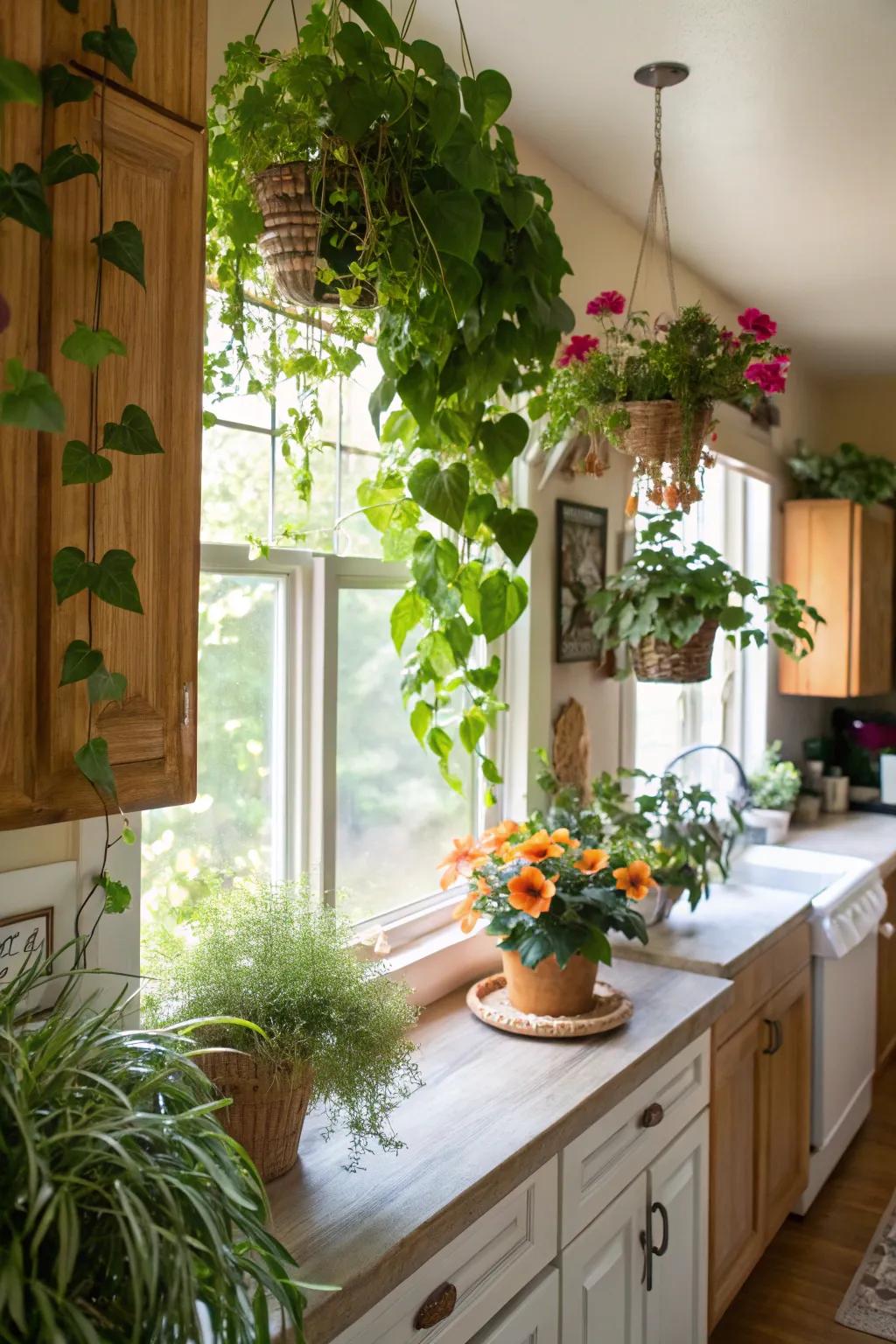 Flora around the window contributes vitality and a natural nuance to kitchens.